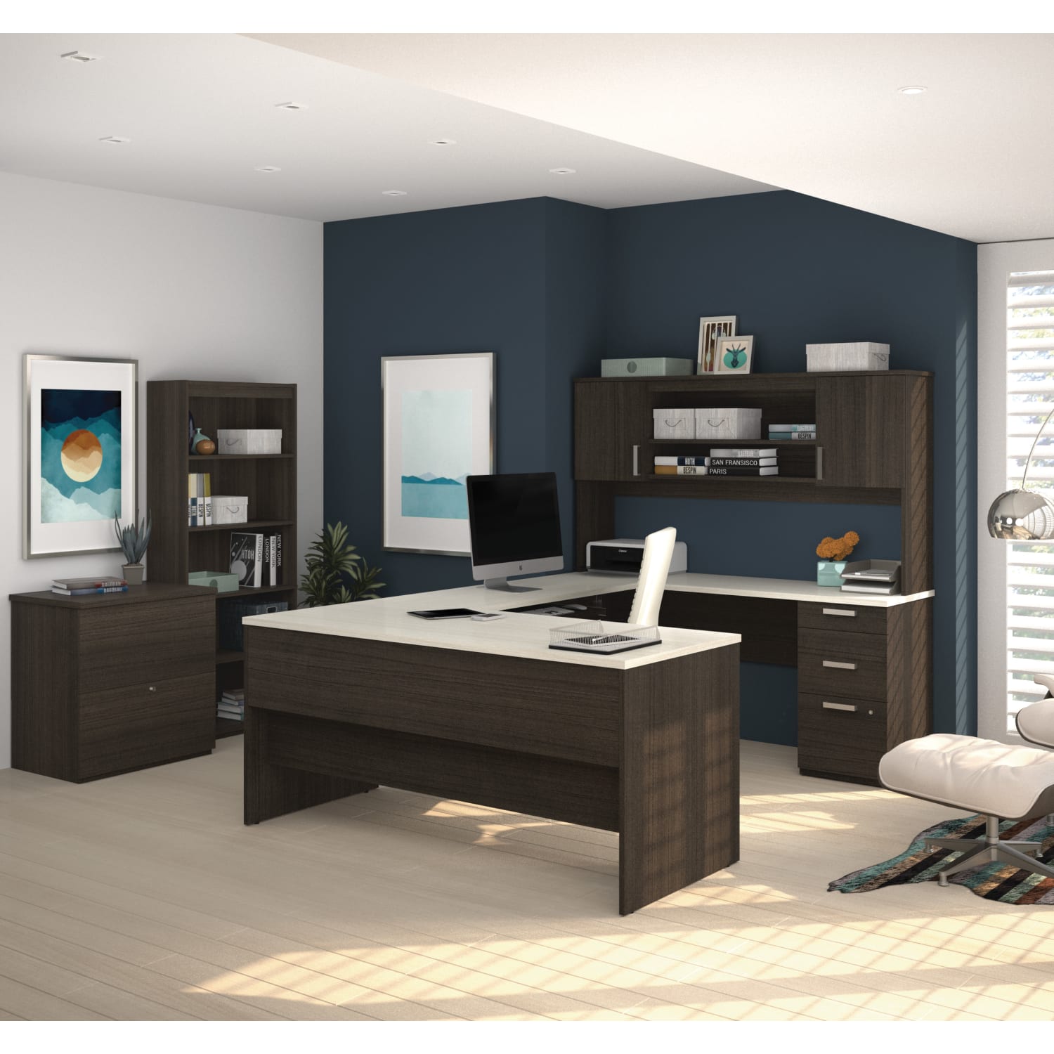 Bestar Ridgeley U-Shaped Desk With Hutch, Lateral File Cabinet And Bookcase, White Chocolate - Image 4