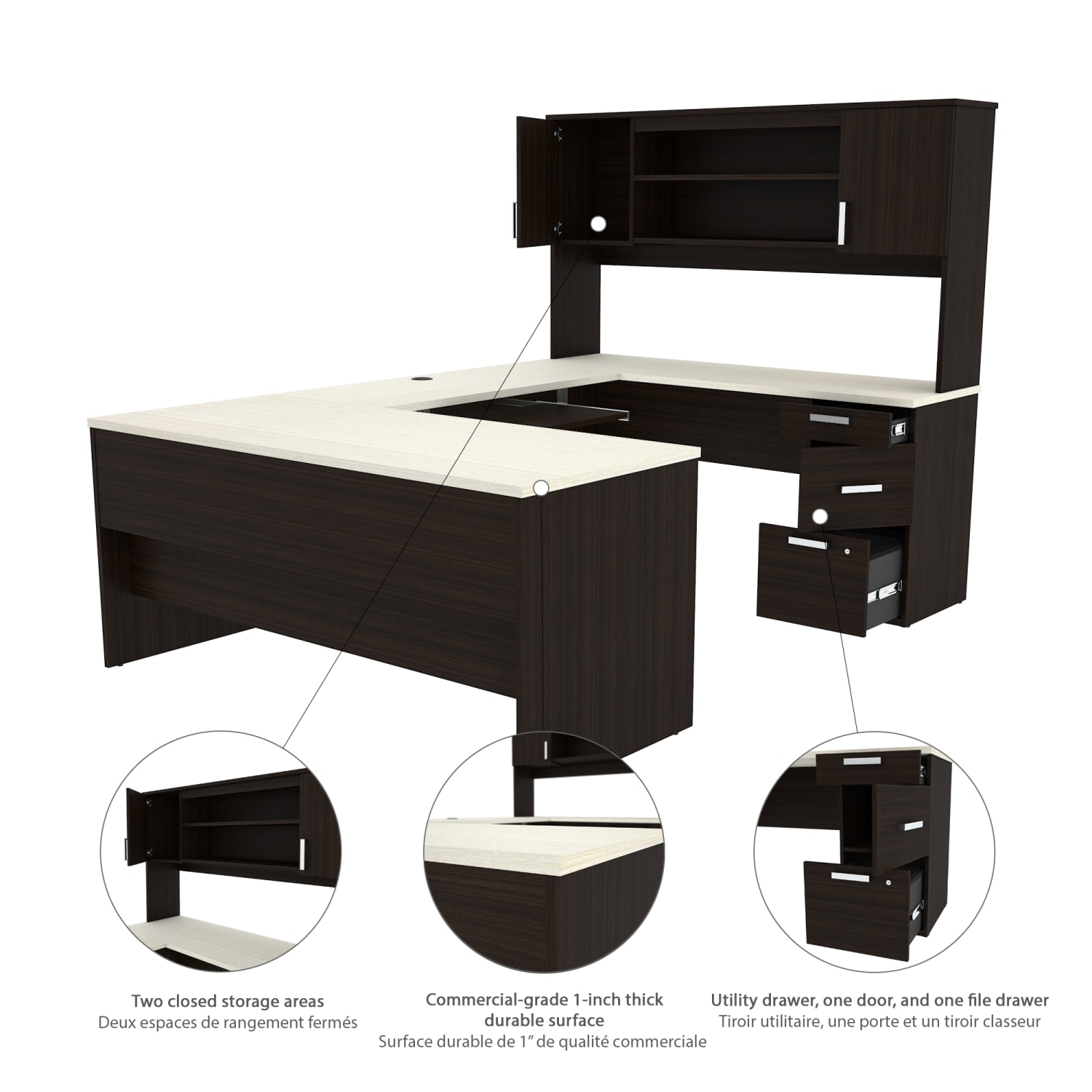 Bestar Ridgeley U-Shaped Desk With Hutch, Lateral File Cabinet And Bookcase, White Chocolate - Image 5