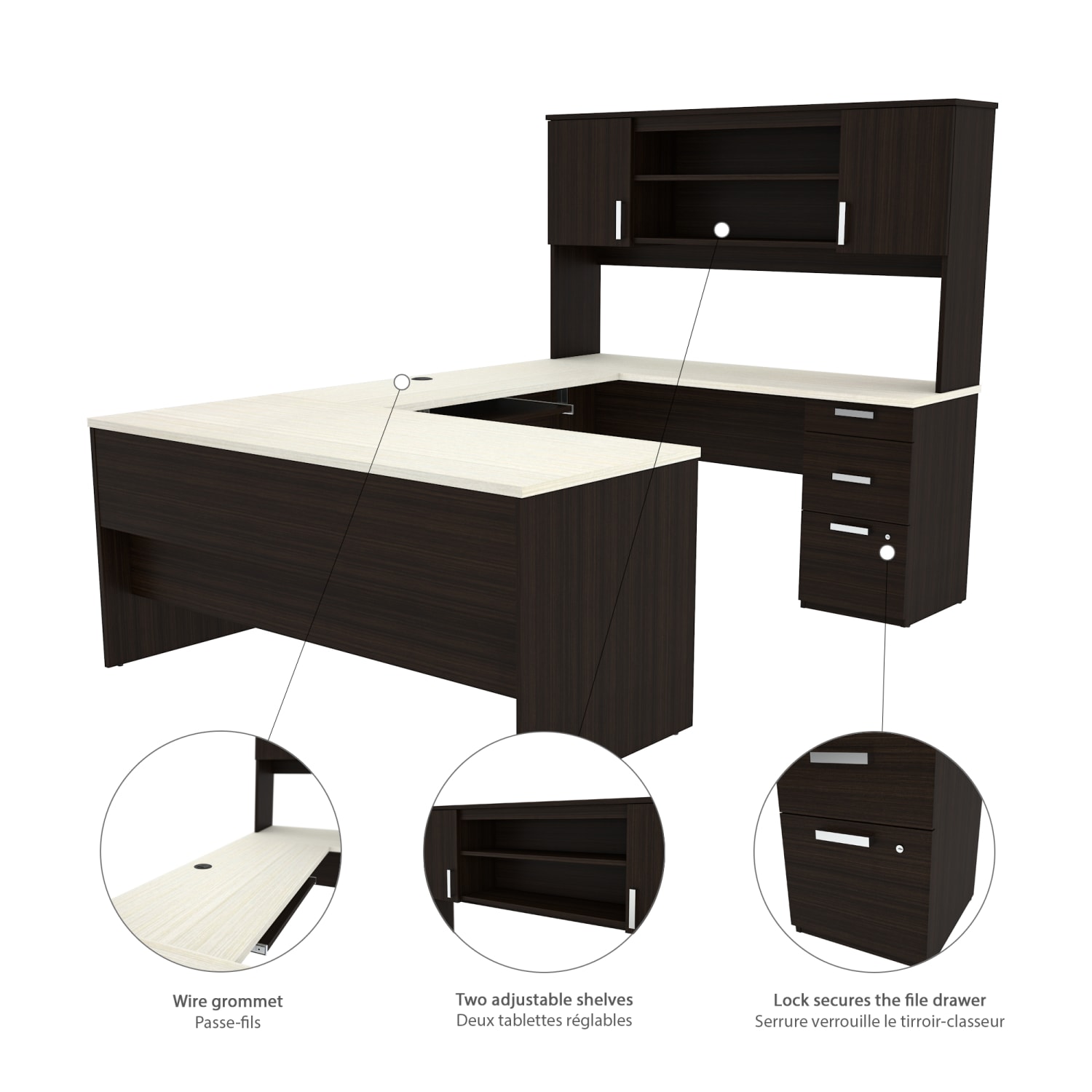 Bestar Ridgeley U-Shaped Desk With Hutch, Lateral File Cabinet And Bookcase, White Chocolate - Image 6