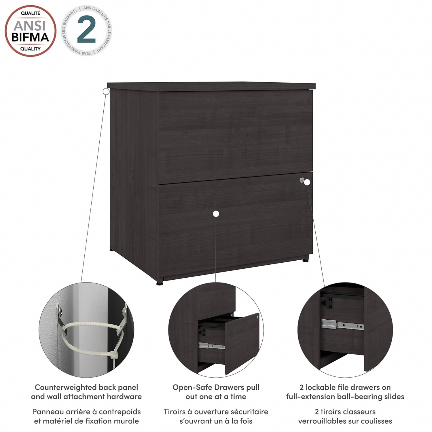 Bestar Ridgeley 27-7/8inW x 23-5/8inD Lateral 2-Drawer Locking File Cabinet, Charcoal Maple - Image 3