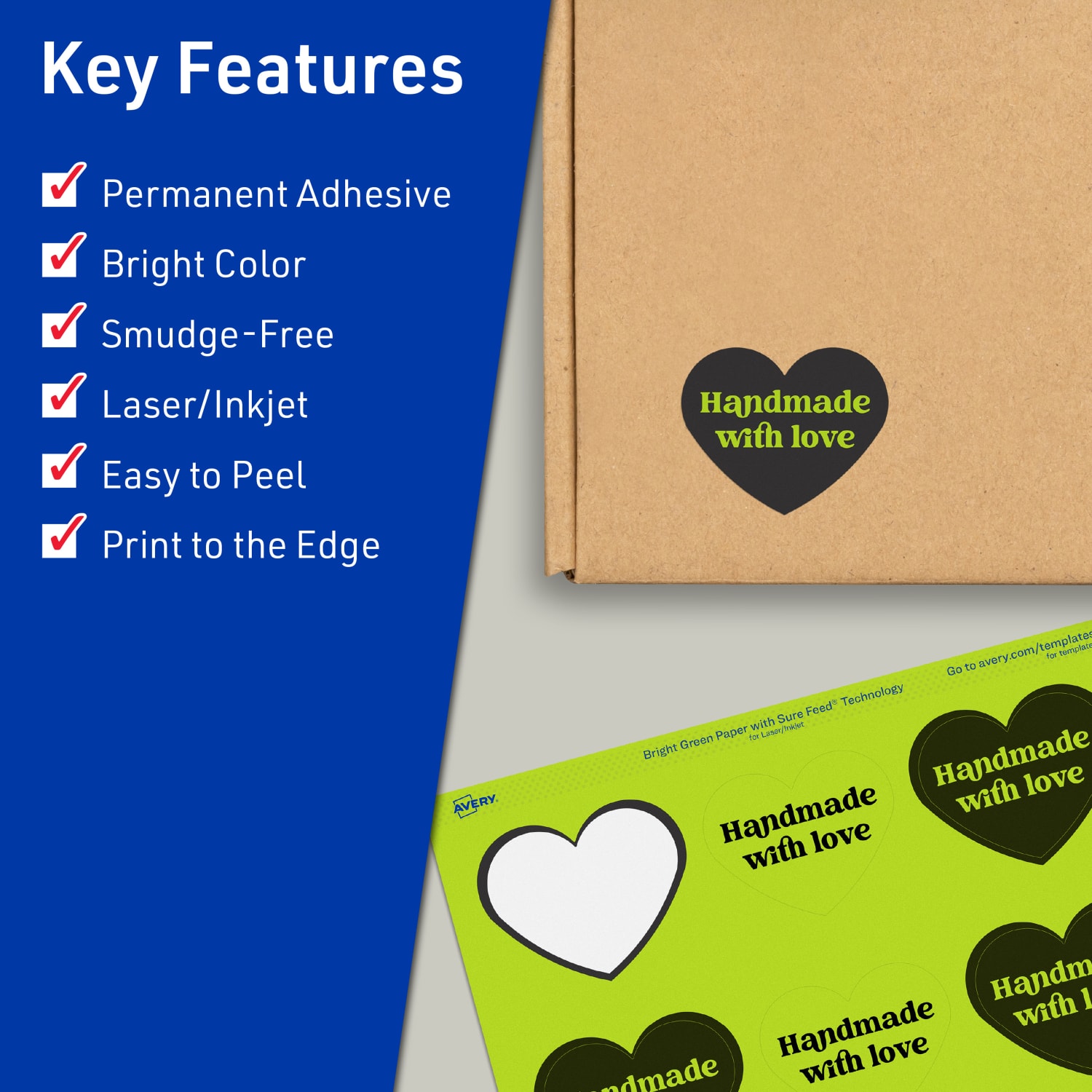 Avery Print-To-The-Edge Labels With Sure Feed Technology, 94603-BGP10, Heart, 2-9/32in x 1-27/32in, Matte Bright Green, Pack of 120 - Image 3