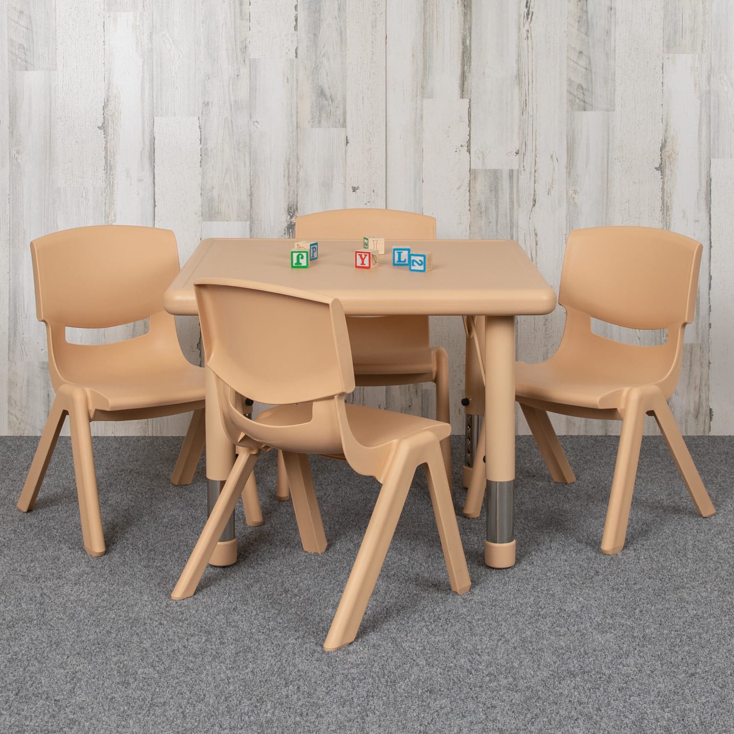Flash Furniture 24ft" Square Plastic Height-Adjustable Activity Table With 4 Chairs, Natural