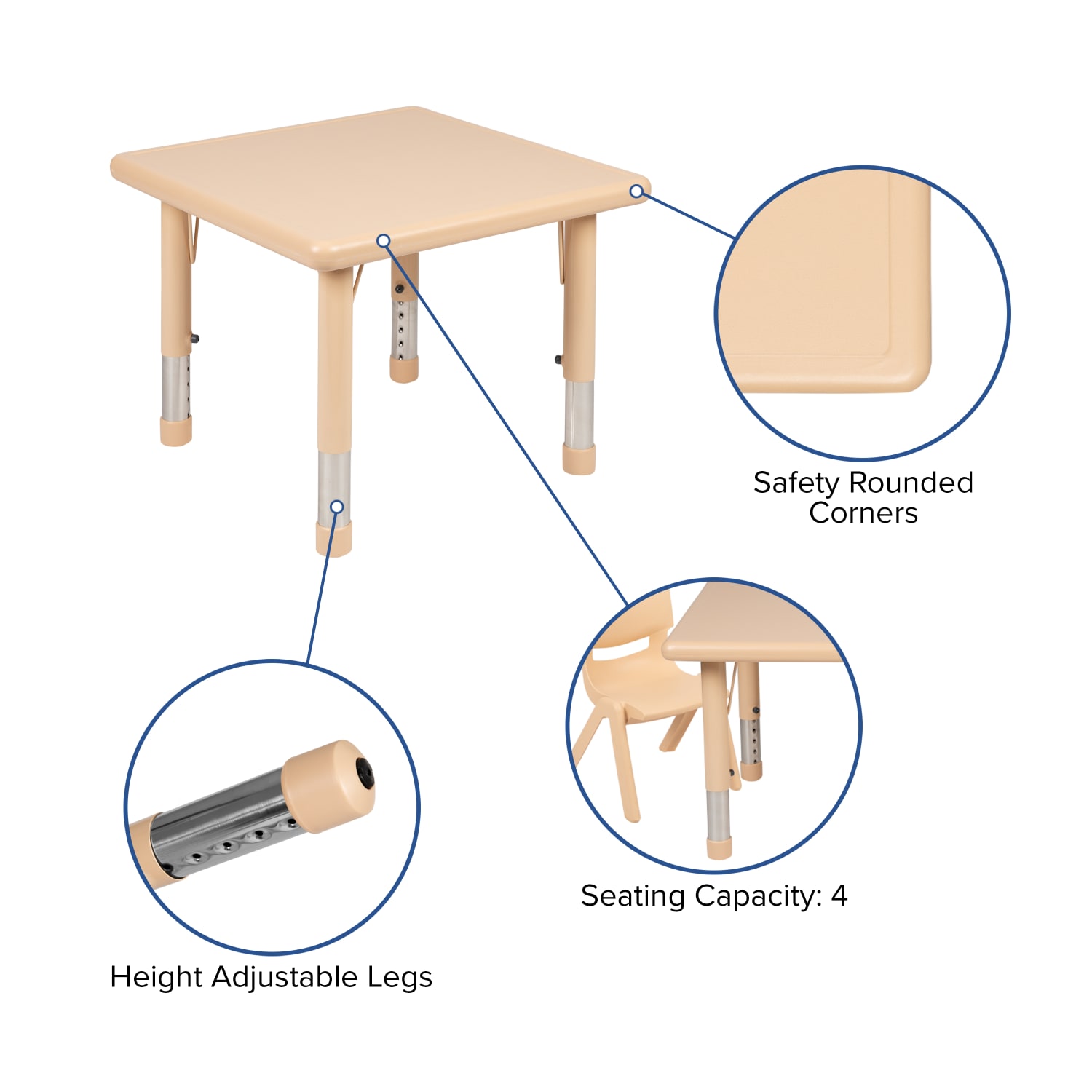 Flash Furniture 24in Square Plastic Height-Adjustable Activity Table, Natural - Image 5