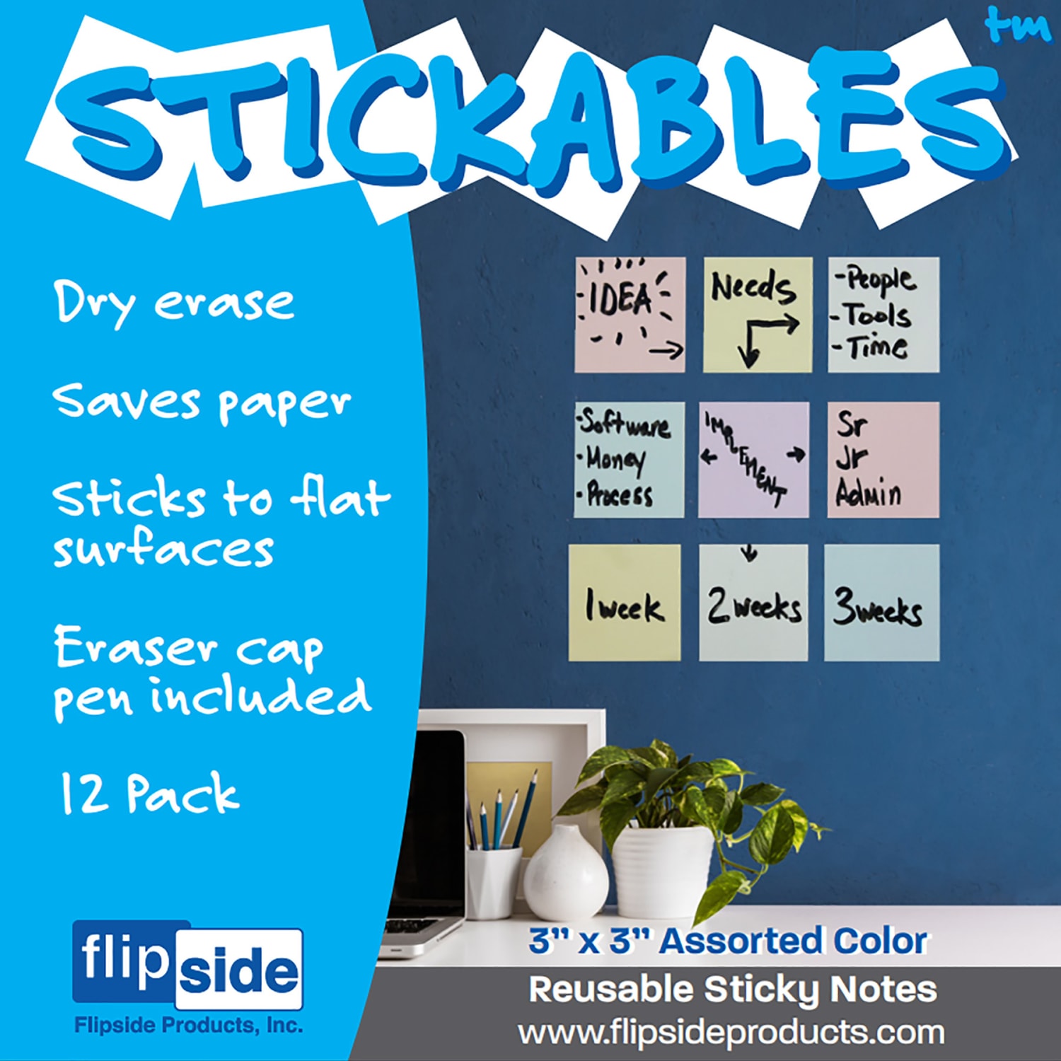 Flipside Products Dry-Erase Stickables With Dry-Erase Marker, 3in x 3in, Assorted Pastels, 12 Stickables Per Pack, Set Of 3 Packs - Image 3