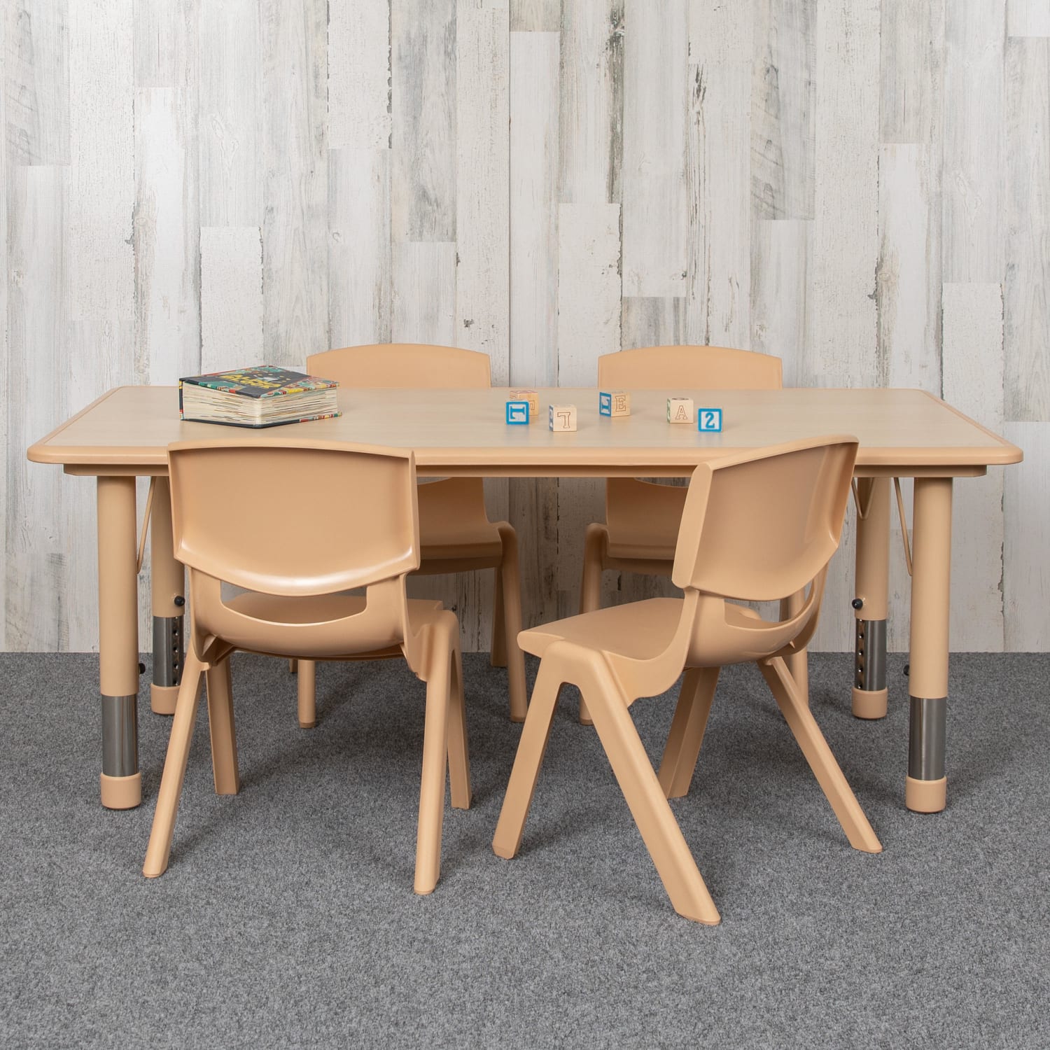 Flash Furniture Rectangular Plastic Height-Adjustable Activity Table Set With 4 Chairs, 23-1/2inH x 23-5/8inW x 47-1/4inD, Natural