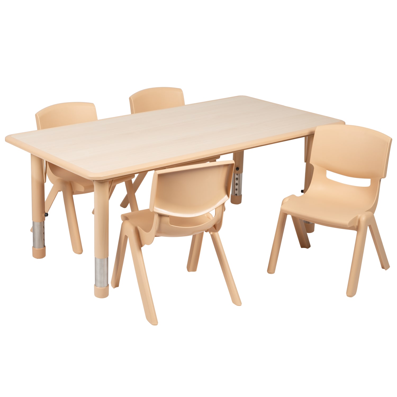 Flash Furniture Rectangular Plastic Height Adjustable Activity Table Set With 4 Chairs 23 12inH x 23 58inW x 47 14inD Natural PopularChairscom