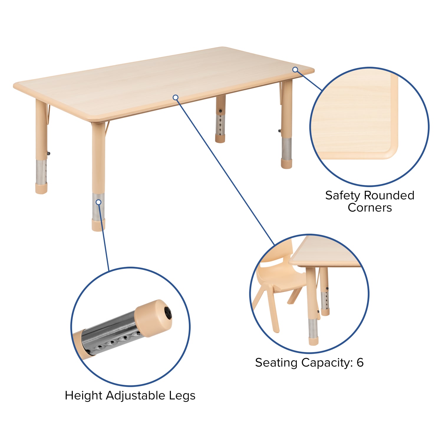 Flash Furniture Rectangular Plastic Height Adjustable Activity Table Set With 4 Chairs 23 12inH x 23 58inW x 47 14inD Natural PopularChairscom
