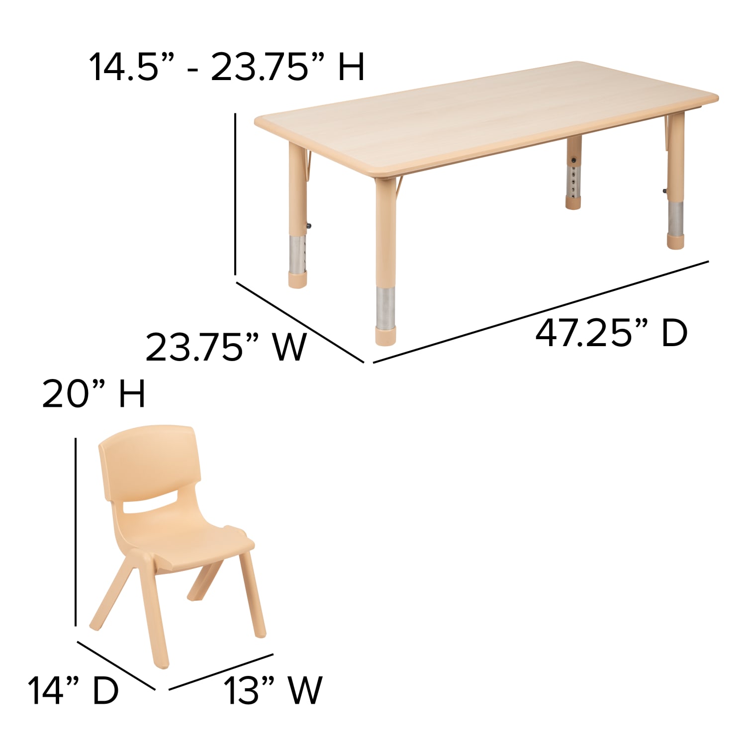 Flash Furniture Rectangular Plastic Height Adjustable Activity Table Set With 4 Chairs 23 12inH x 23 58inW x 47 14inD Natural PopularChairscom