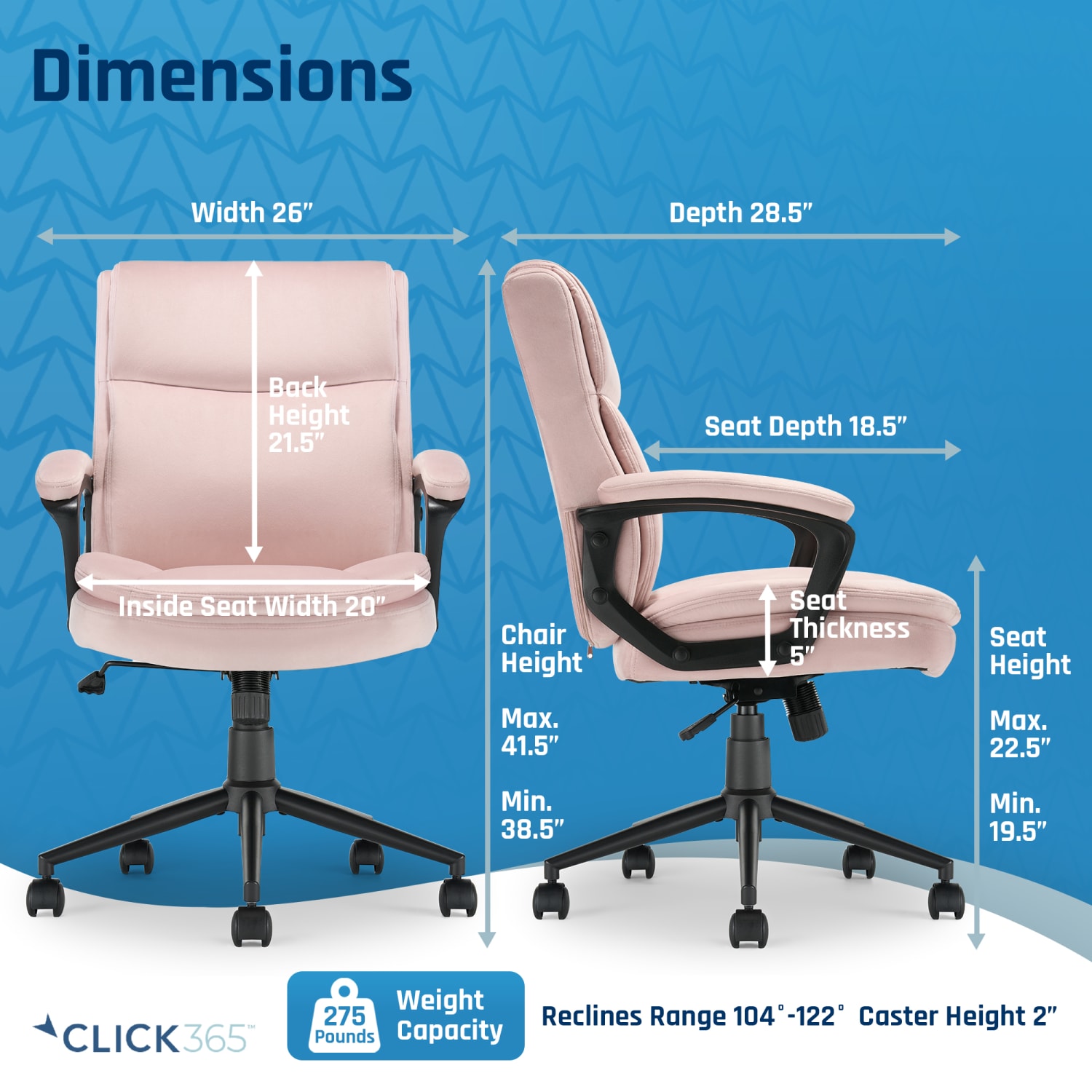 Click365 Transform 2.0 Ergonomic Fabric Mid-Back Desk Chair, Pink/Black - Image 3