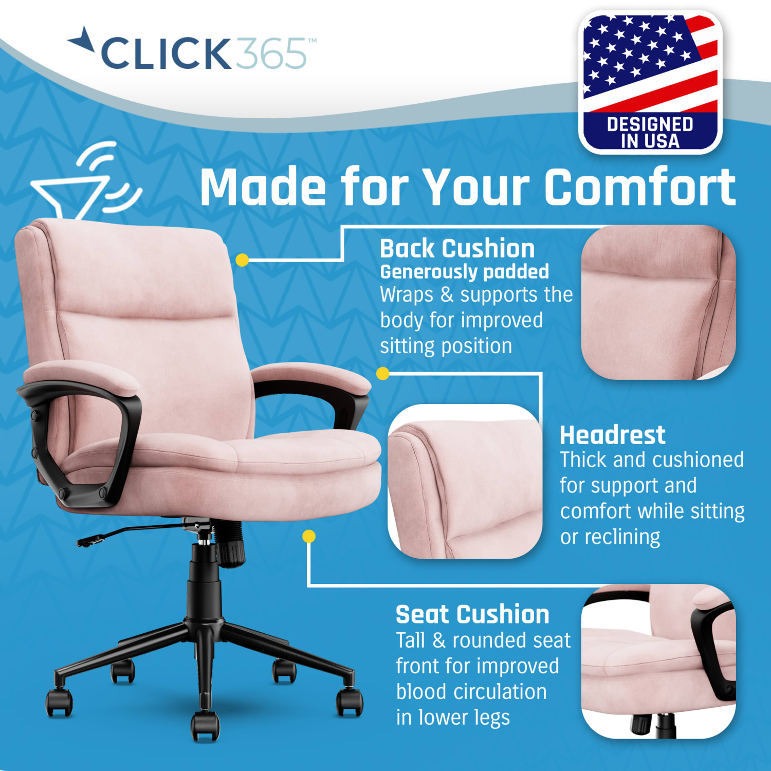 Click365 Transform 2.0 Ergonomic Fabric Mid-Back Desk Chair, Pink/Black - Image 5