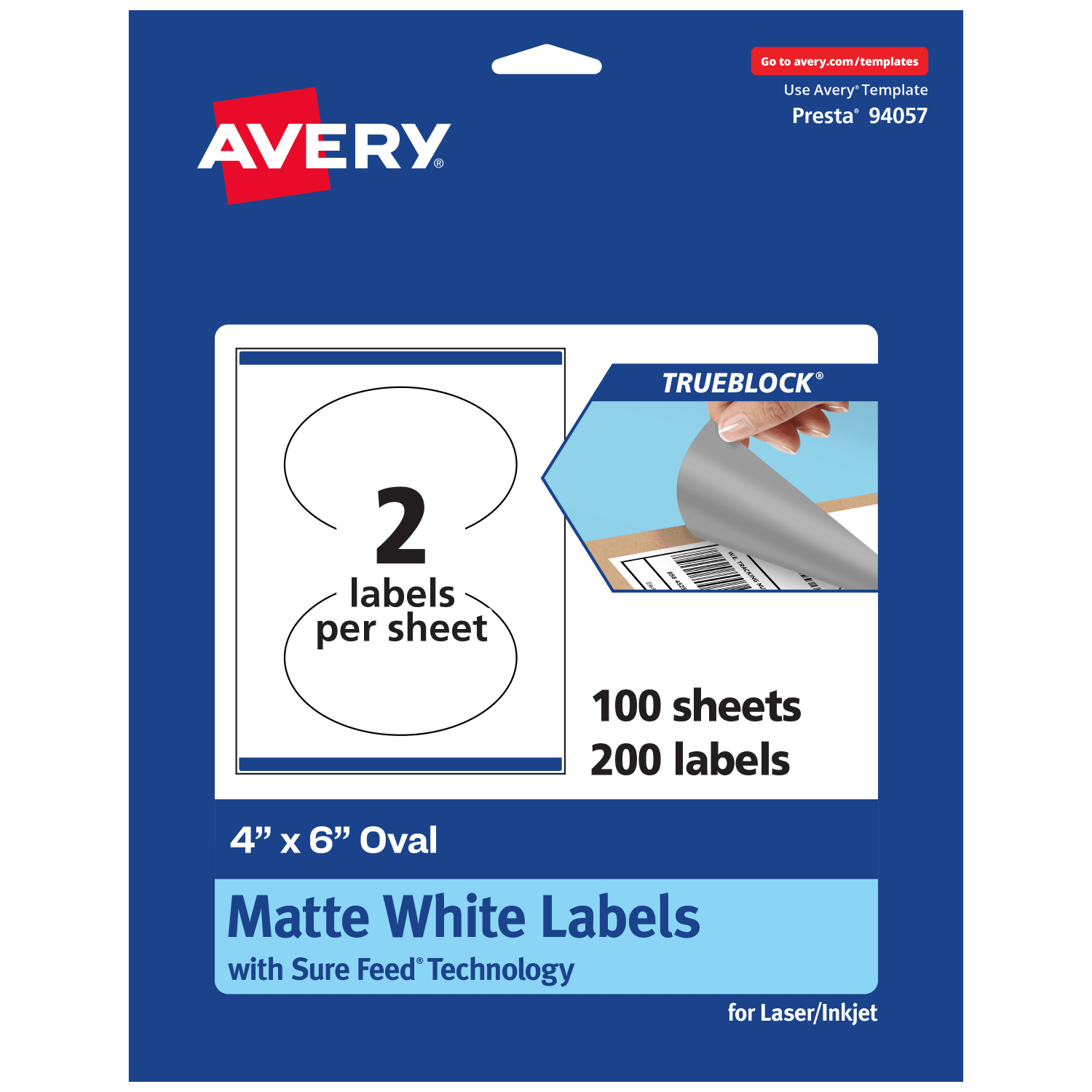 Avery Print-To-The-Edge TrueBlock Labels With Sure Feed, 94057-TWMP100, Oval, 4in x 6in, Matte White, Pack Of 200