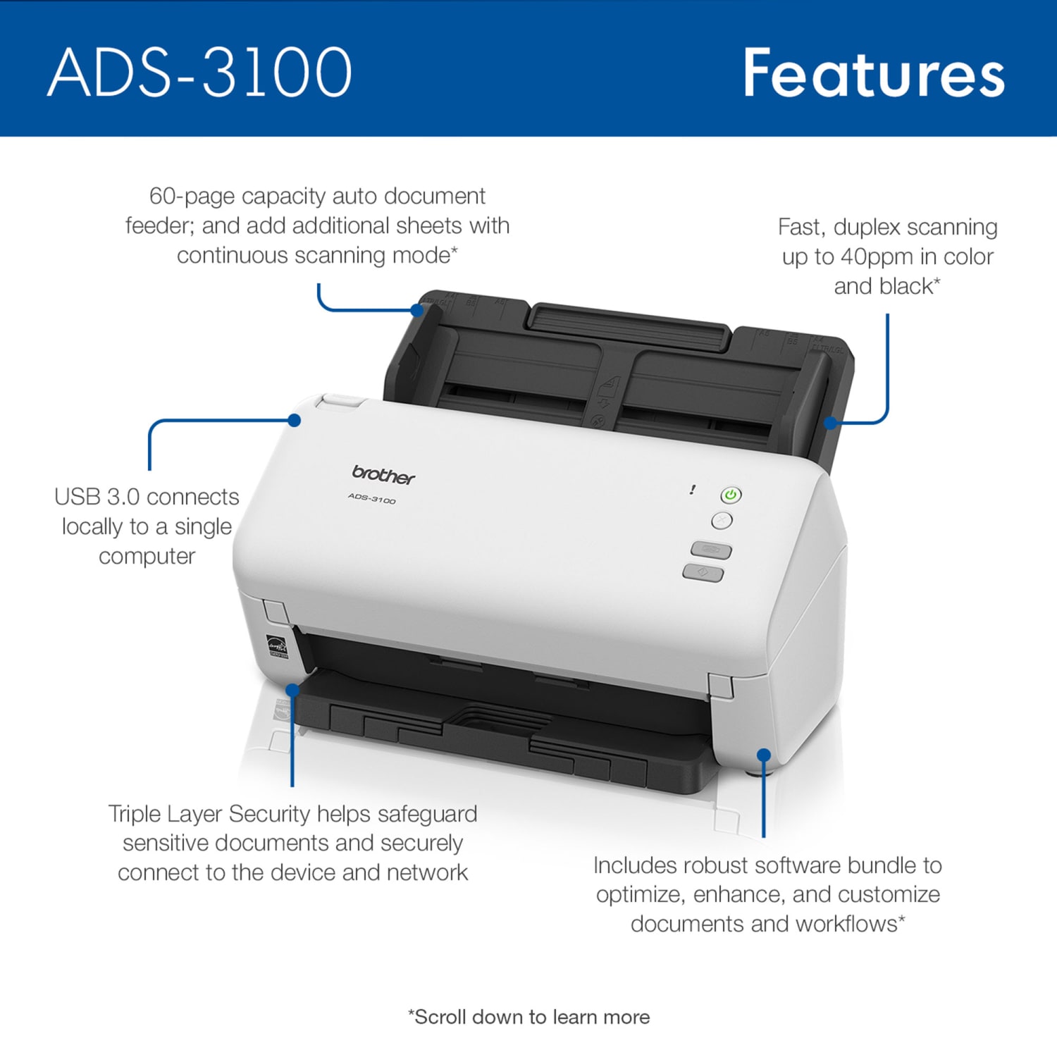 Brother High-Speed Desktop Scanner for Small Office & Home Office Professionals ADS-3100 - Image 3