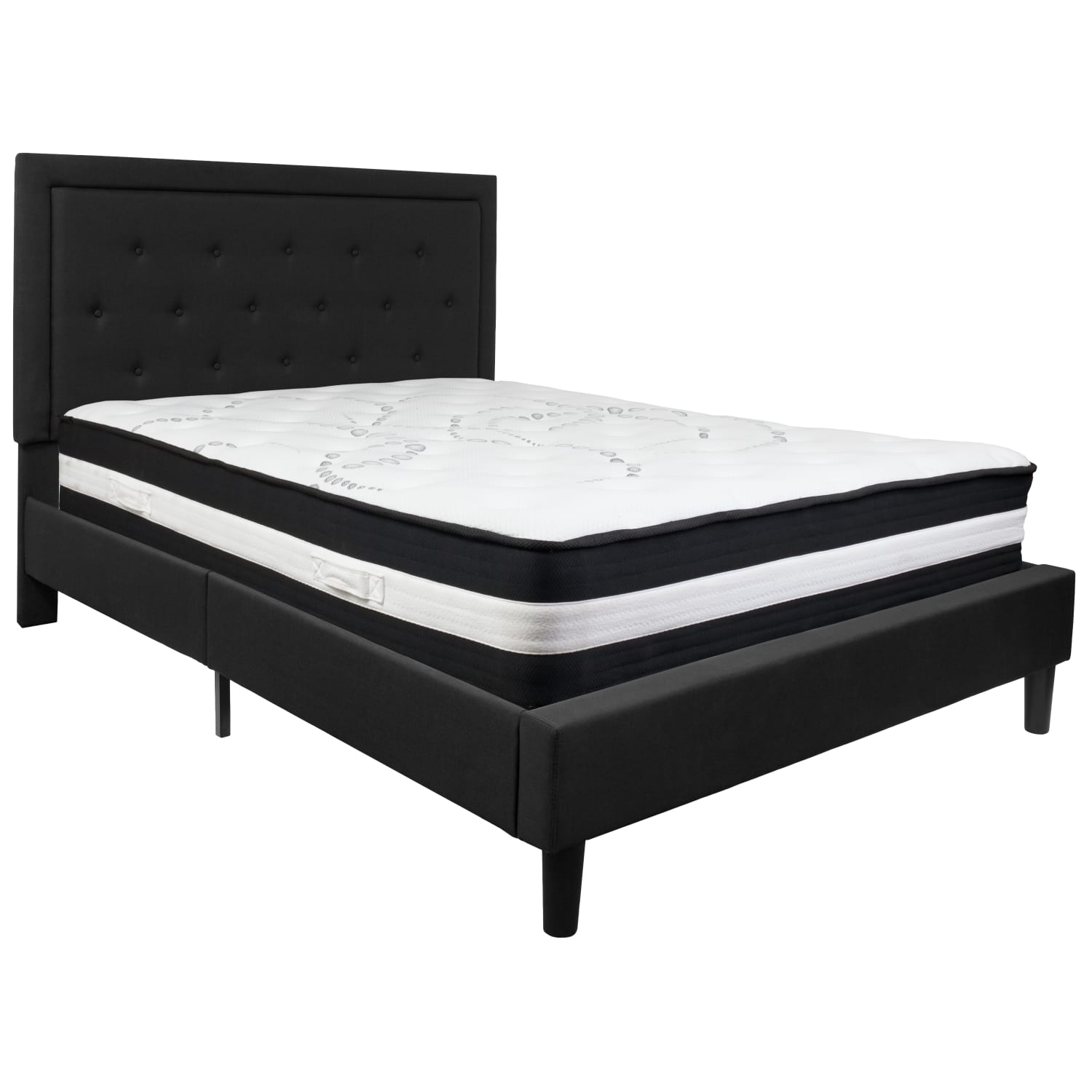 Flash Furniture Roxbury Panel Tufted Upholstered Platform Bed and Pocket Spring Mattress, Queen, 50-3/4inH x 65-3/4inW x 85-3/4inL, Black - Image 3