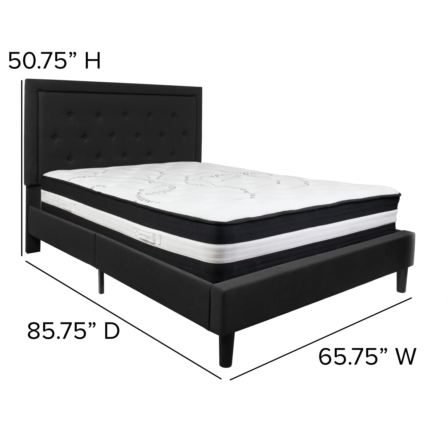 Flash Furniture Roxbury Panel Tufted Upholstered Platform Bed and Pocket Spring Mattress, Queen, 50-3/4inH x 65-3/4inW x 85-3/4inL, Black - Image 5