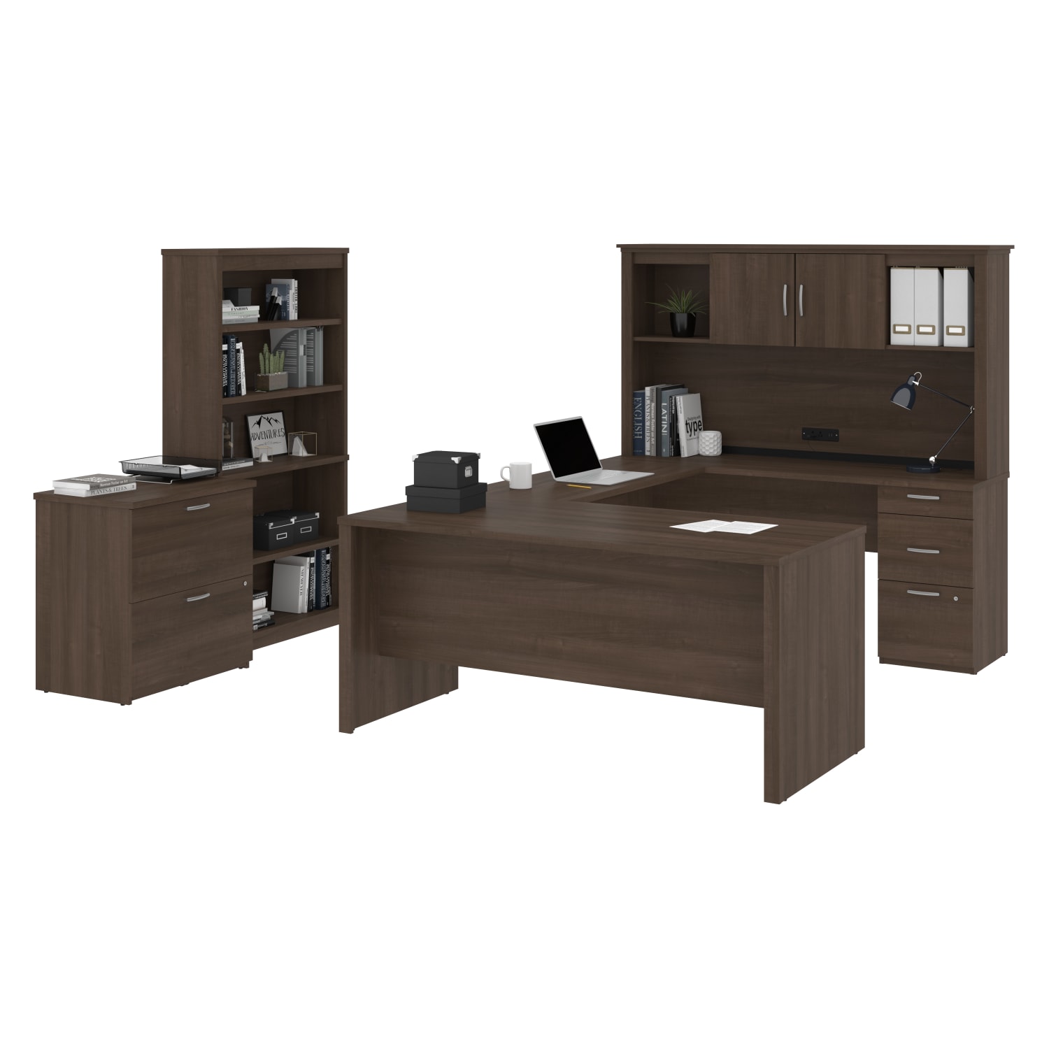 Bestar Logan U-Shaped Desk With Hutch, Lateral File Cabinet And Bookcase, Antigua - Image 3