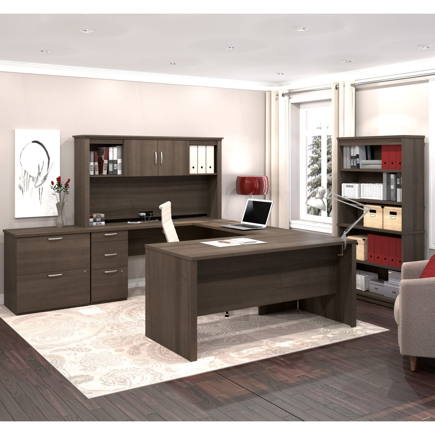 Bestar Logan U-Shaped Desk With Hutch, Lateral File Cabinet And Bookcase, Antigua - Image 4
