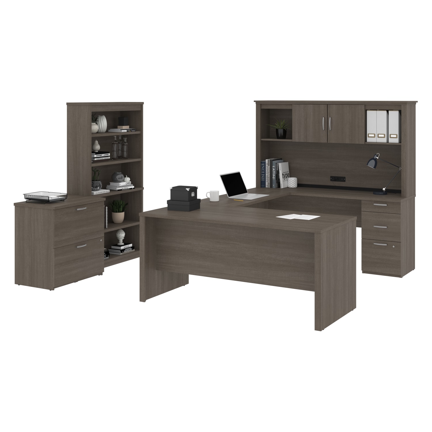 Bestar Logan U-Shaped Desk With Hutch, Lateral File Cabinet And Bookcase, Bark Gray - Image 3