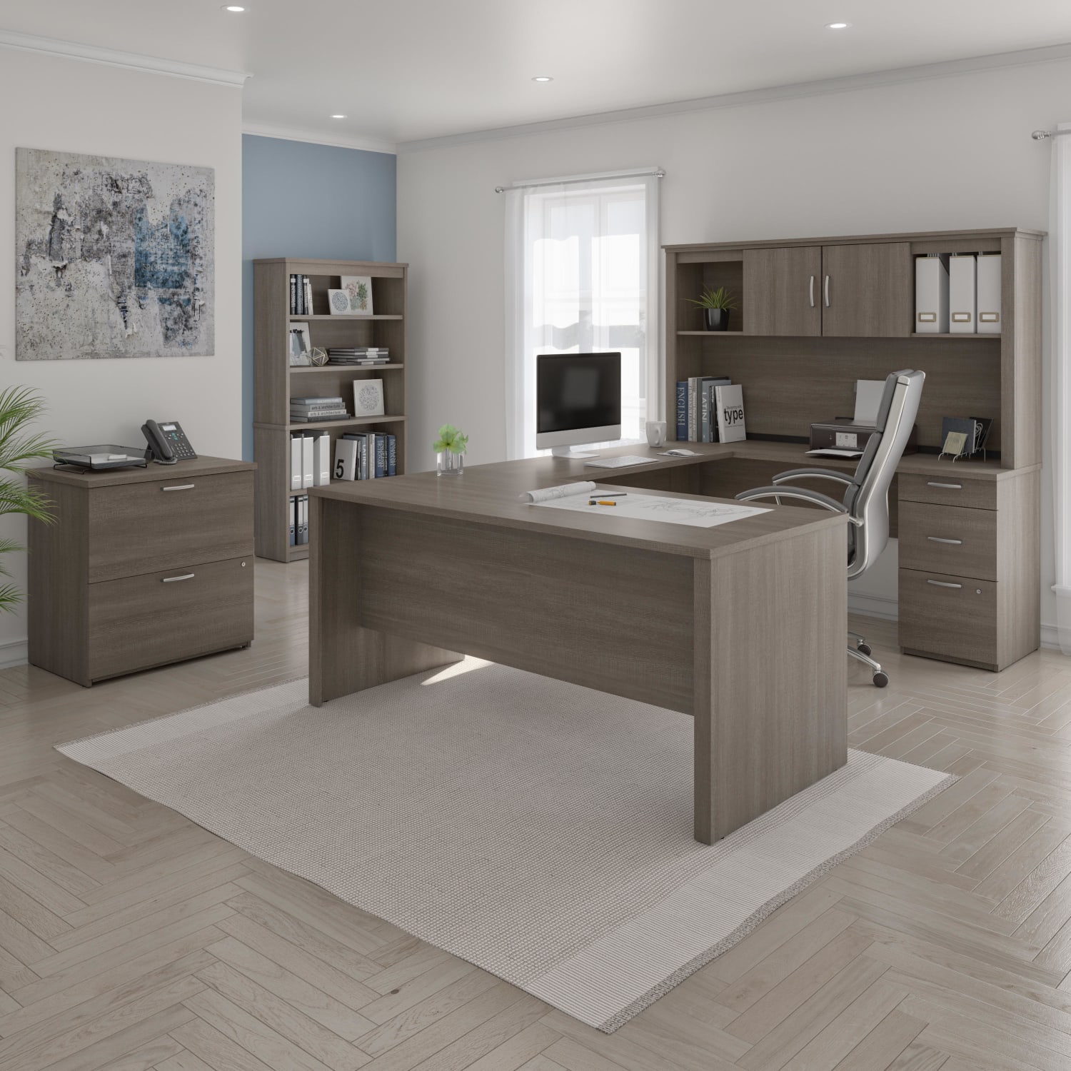 Bestar Logan U-Shaped Desk With Hutch, Lateral File Cabinet And Bookcase, Bark Gray - Image 4