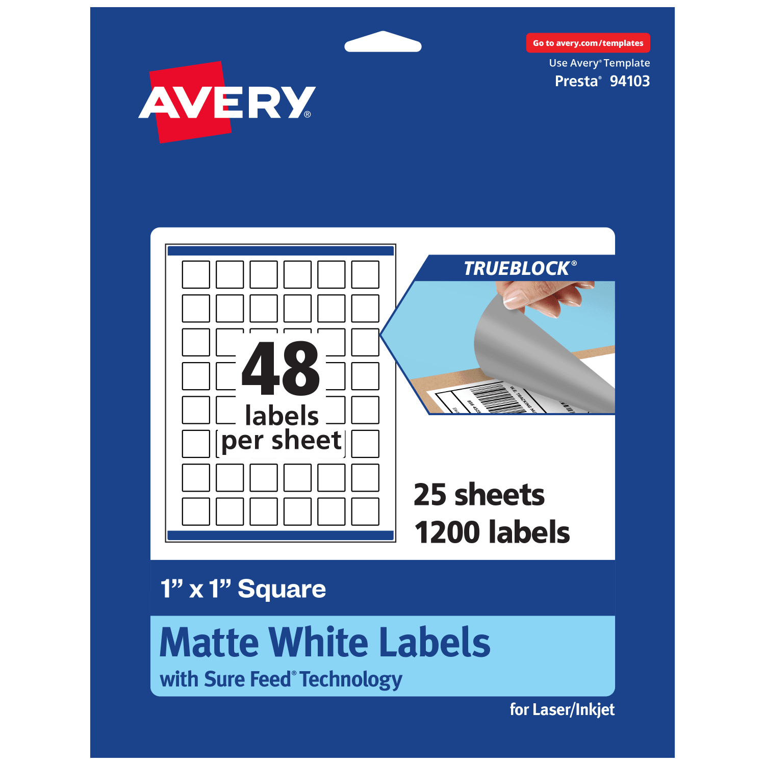 Avery Print-To-The-Edge TrueBlock Labels With Sure Feed, 94103-TWMP25, Square, 1in x 1in, Matte White, Pack Of 1200