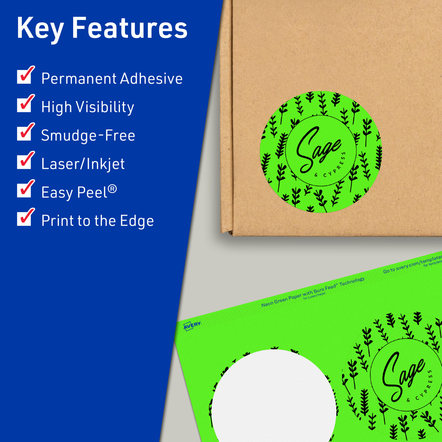 Avery Print-To-The-Edge Labels With Sure Feed Technology, 94514-NGP20, Round, 3-1/2in, Matte Neon Green, Pack of 80 - Image 3