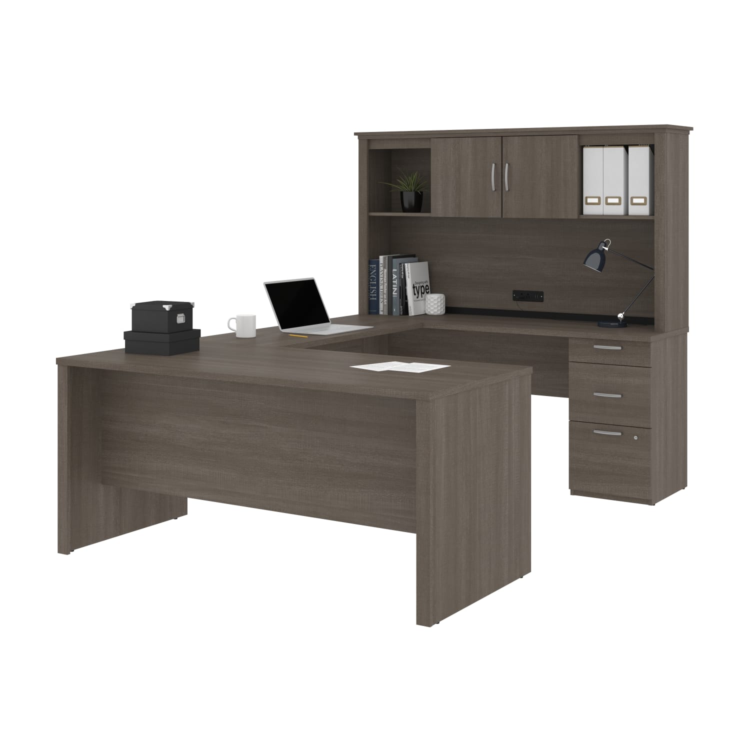 Bestar Logan 66inW U- Or L-Shaped Executive Corner Desk With Pedestal And Hutch, Bark Gray - Image 3