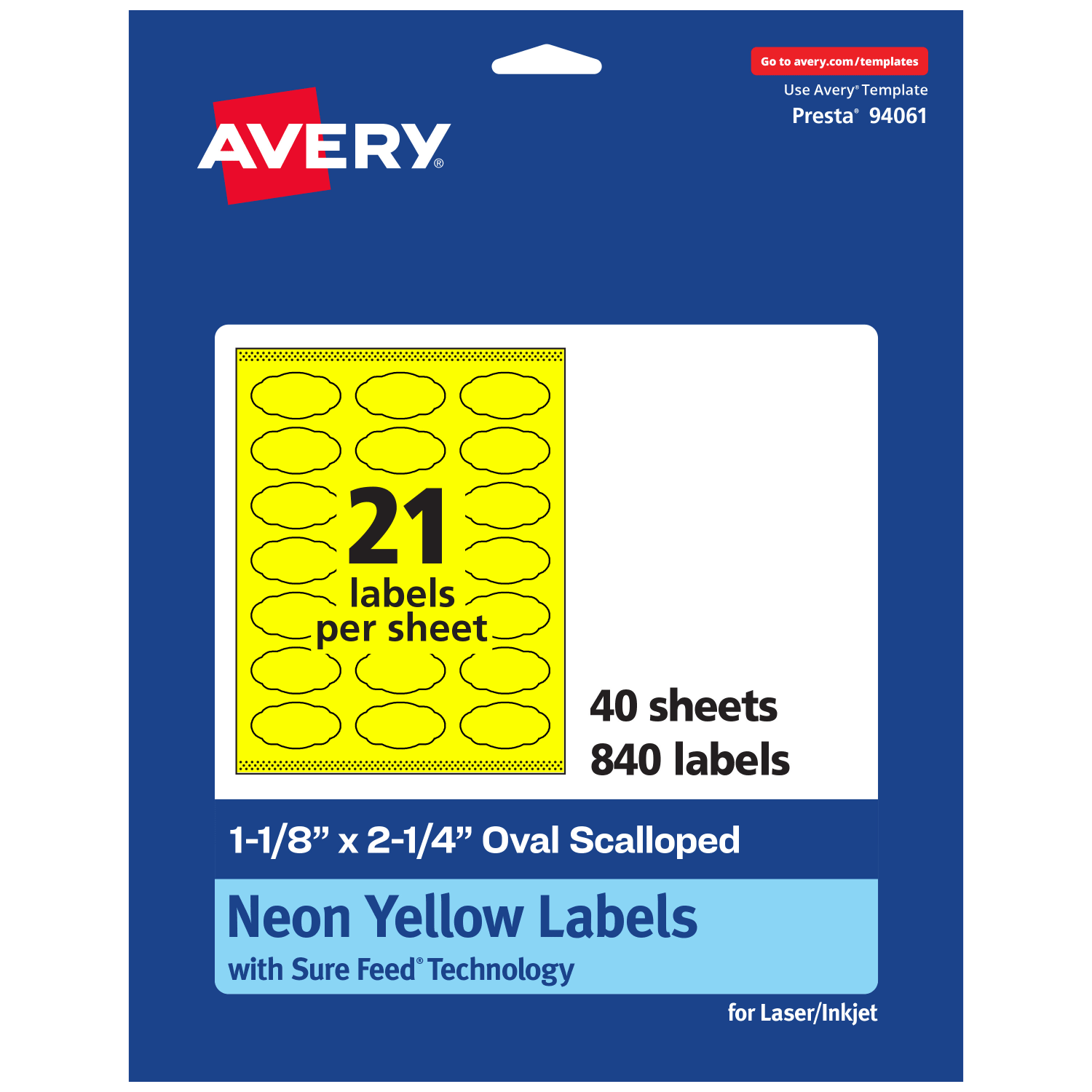 Avery Print-To-The-Edge Labels With Sure Feed Technology And Easy Peel, 94061-NYP40, Oval Scalloped, 1-1/8inx2-1/4in, Matte Neon Yellow, Pack of 840