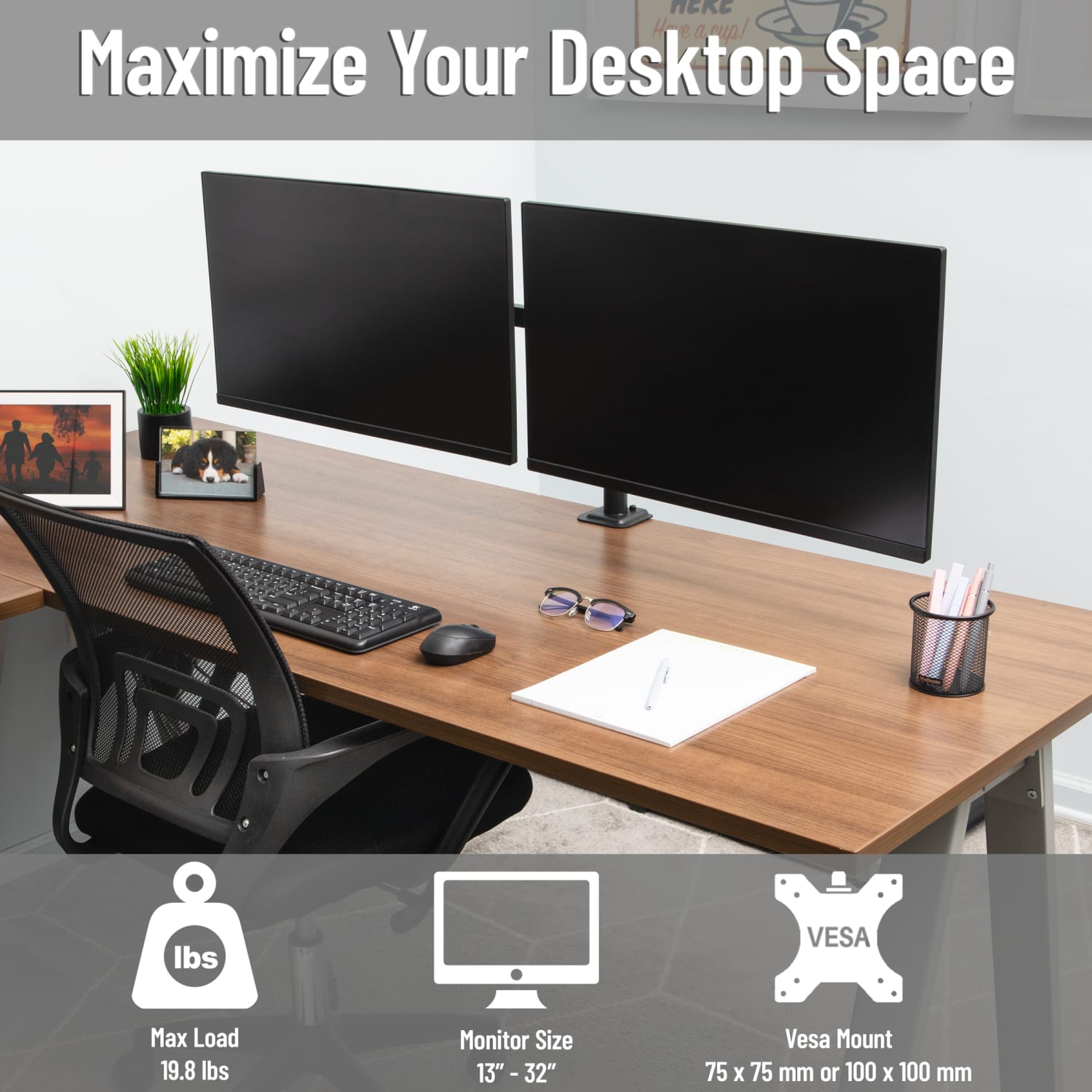 Mind Reader Dual-Monitor Desk Mount, For 13 - 32in Screens, Black, Total Quantity 1 - Image 3