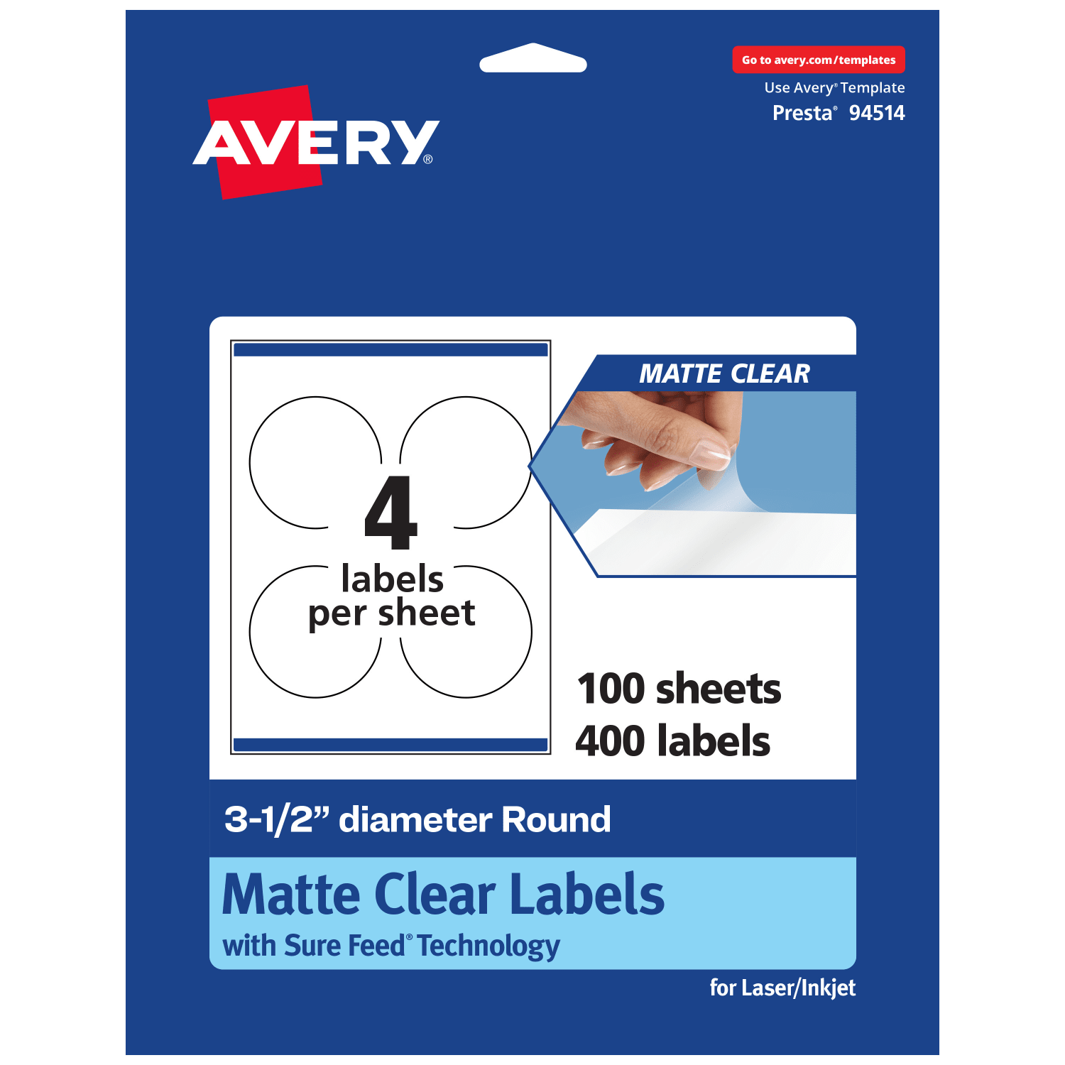 Avery Permanent Labels With Sure Feed, 94514-CMF100, Round, 3-1/2in, Matte Clear, Pack Of 400