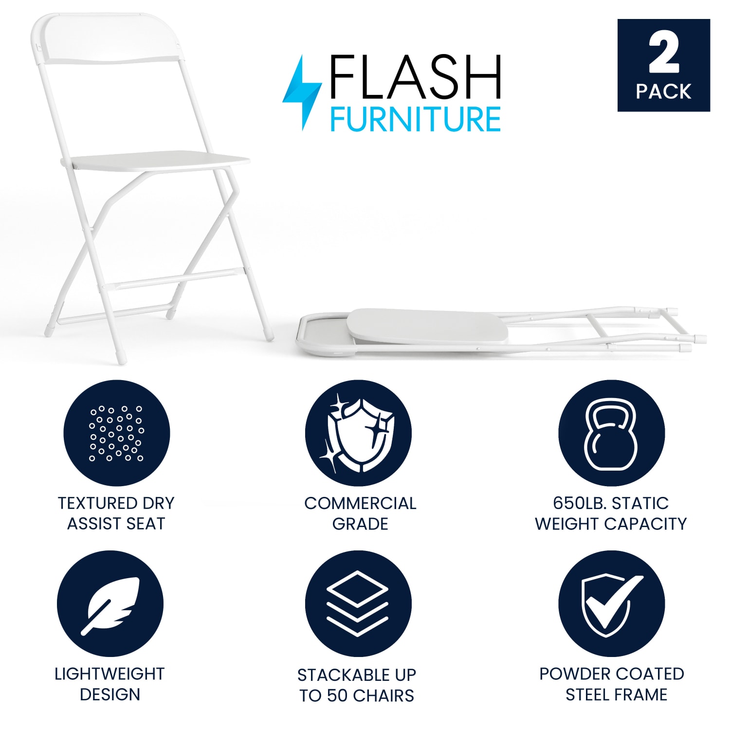 Flash Furniture Hercules Plastic Folding Chairs With 650 lb Capacity White Set Of 2 Chairs PopularChairscom