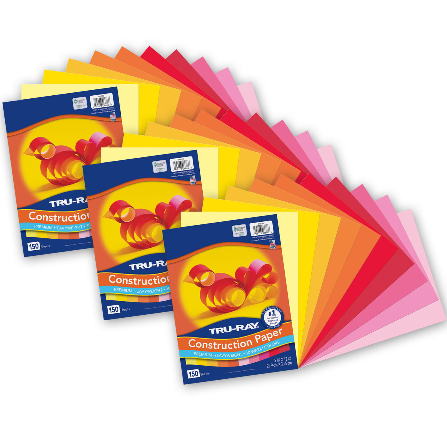Tru-Ray Construction Paper, Heavyweight, 9in x 12in, Warm Assorted, 150 Sheets Per Pack, Set Of 3 Packs