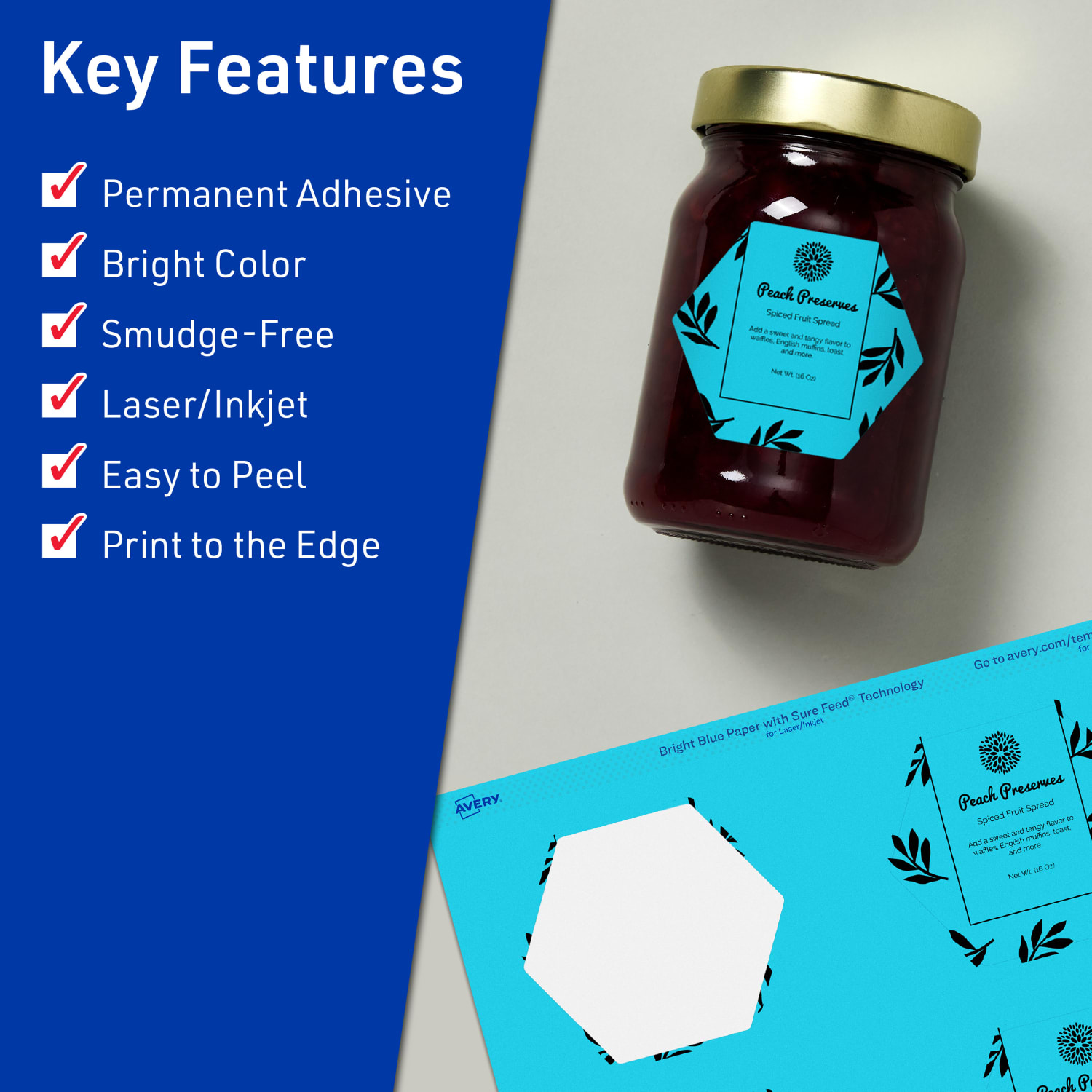 Avery Print-To-The-Edge Labels With Sure Feed Technology, 94121-BBP20, Hexagon, 2-1/2in x 2-57/64in, Matte Bright Blue, Pack of 120 - Image 3