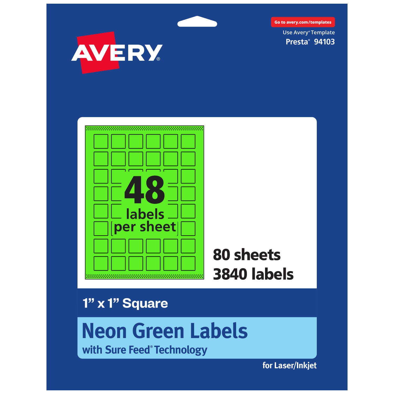 Avery Print-To-The-Edge Labels With Sure Feed Technology And Easy Peel Label Feature, 94103-NGP80, Square, 1in x 1in, Matte Neon Green, Pack of 3840