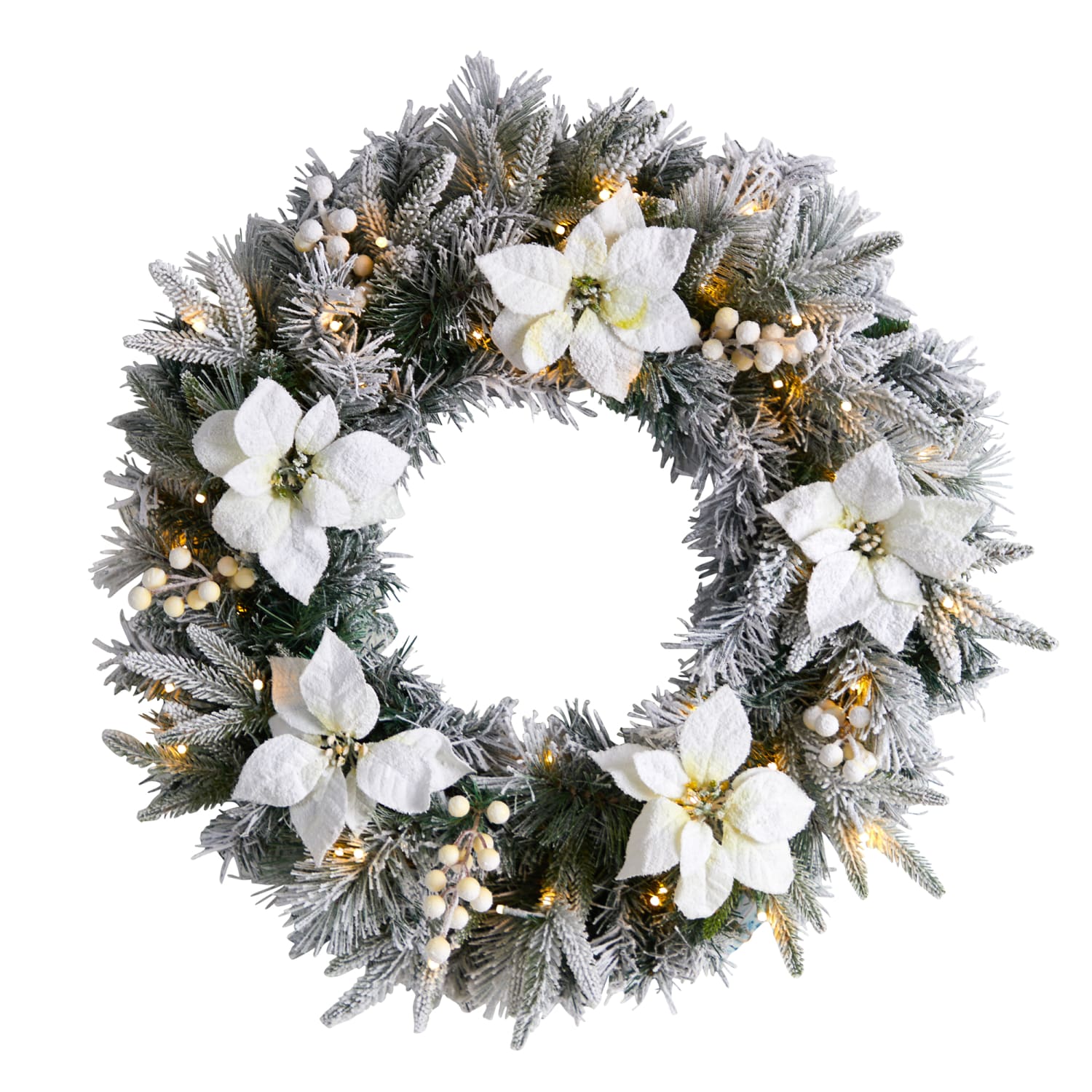 Nearly Natural 24inH Flocked Poinsettia And Pine Artificial Christmas Wreath With 50 LED Lights, 24in x 5in, Green
