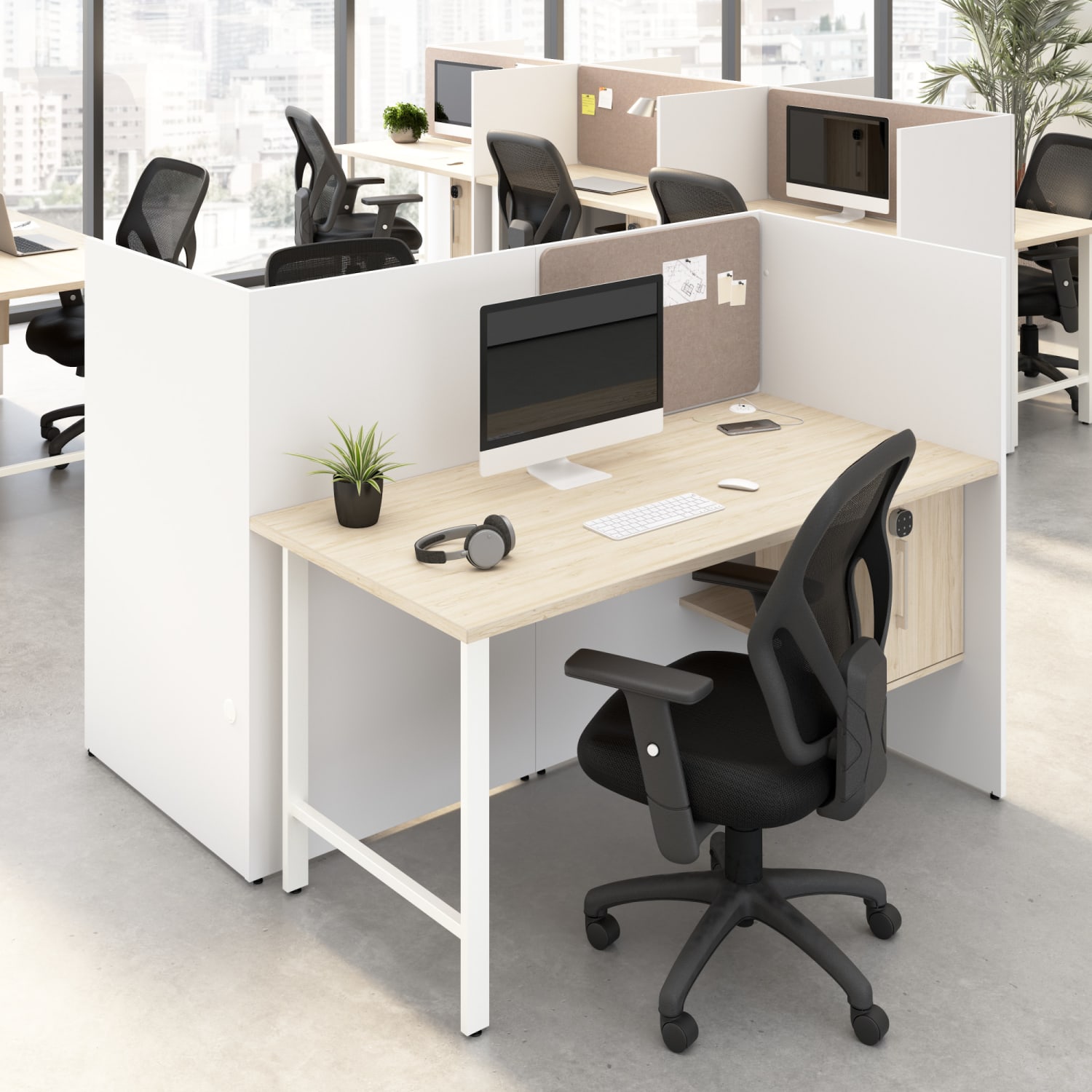Bush Business Furniture Hustle 60-inch 2 Person Office Cubicles with Locking Storage Cabinet, White/Natural Elm, Standard Delivers - Image 3