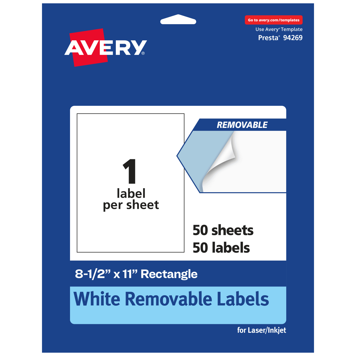 Avery Removable Labels, 94269-RMP50, Rectangle, 8-1/2in x 11in, White, Pack Of 50 Labels