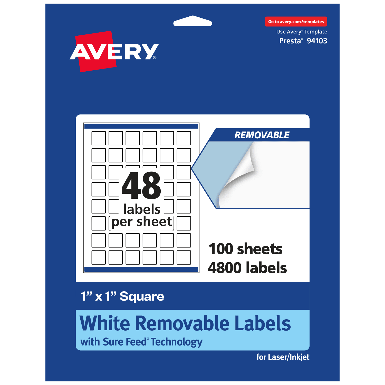 Avery Removable Labels With Sure Feed, 94103-RMP100, Square, 1in x 1in, White, Pack Of 4,800 Labels