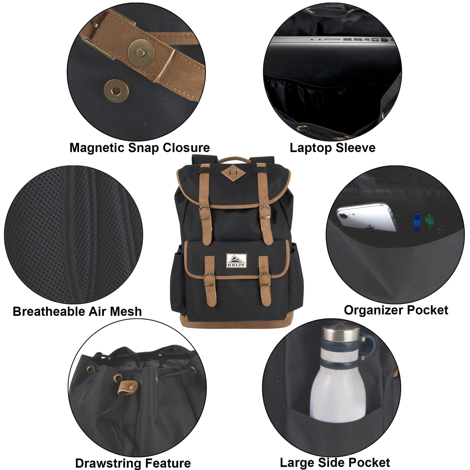 Kelty Drawstring Backpack With 17in Laptop Pocket, Black - Image 3