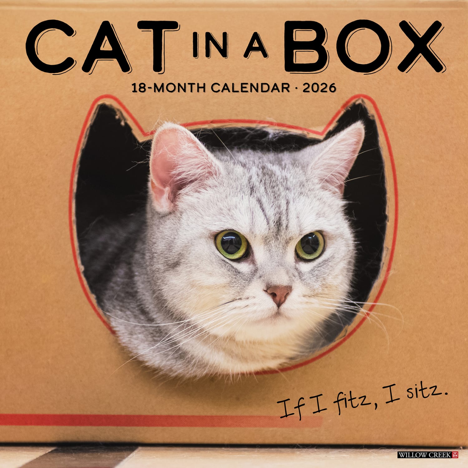 2026 Willow Creek Press Art & Design Monthly Wall Calendar, 12in x 12in, Cat in a Box, January To December, 50576
