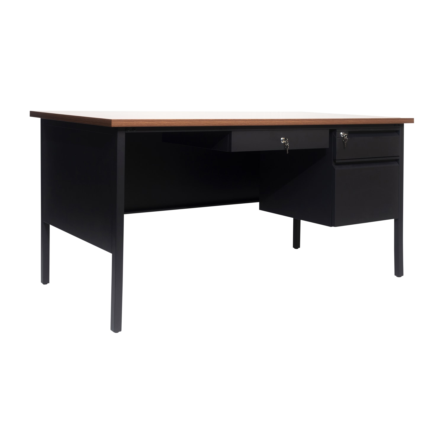 Flash Furniture Cambridge Commercial Grade Single Pedestal 60inW x 30inD Desk with Locking Drawers and Metal Frame, Walnut