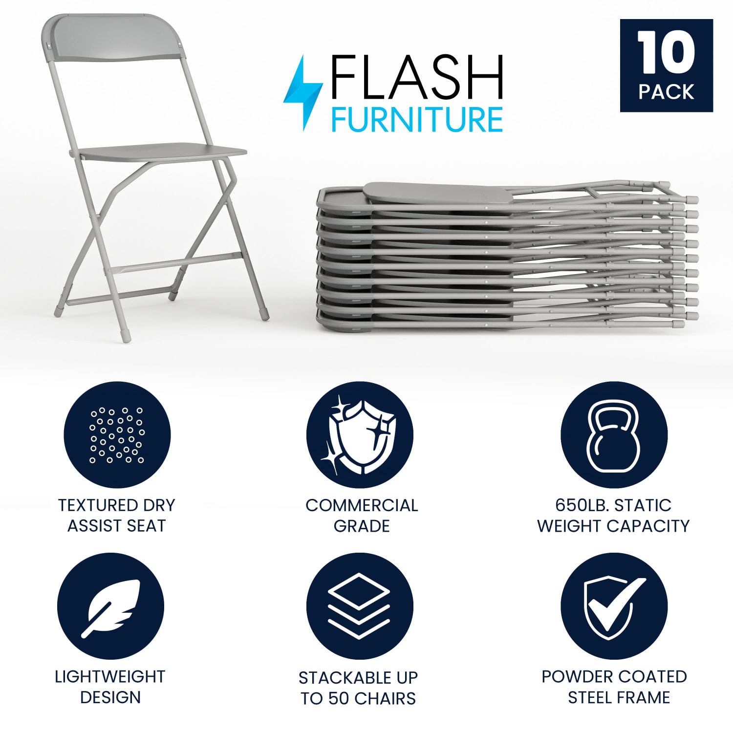 Flash Furniture HERCULES Series Premium Plastic Folding Chairs Gray Set Of 10 Chairs PopularChairscom