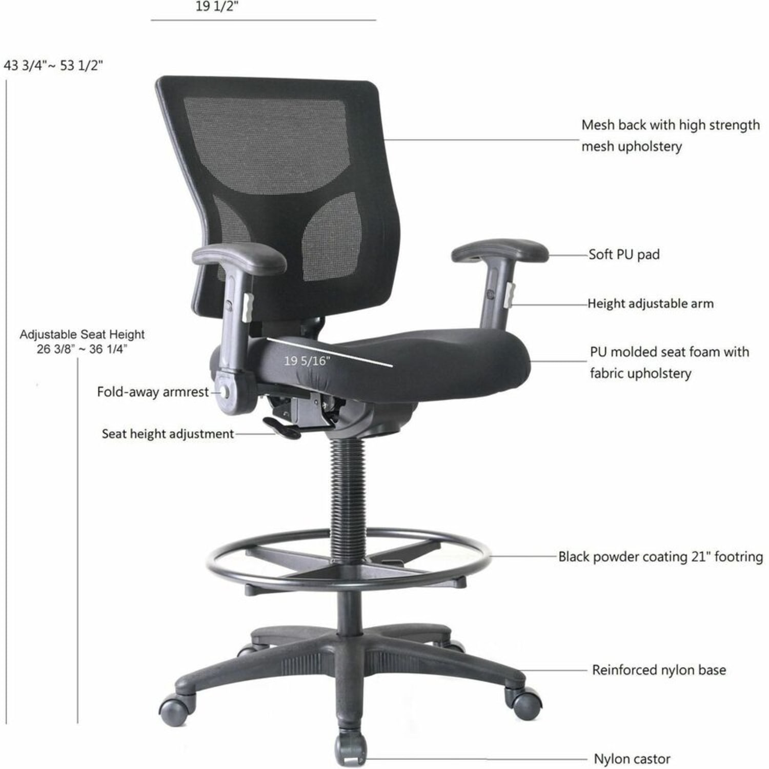 Lorell Conjure Office Stool - Fabric, Polyurethane, Molded Foam Seat Material - Black - Armrest - 1 Each - Image 5