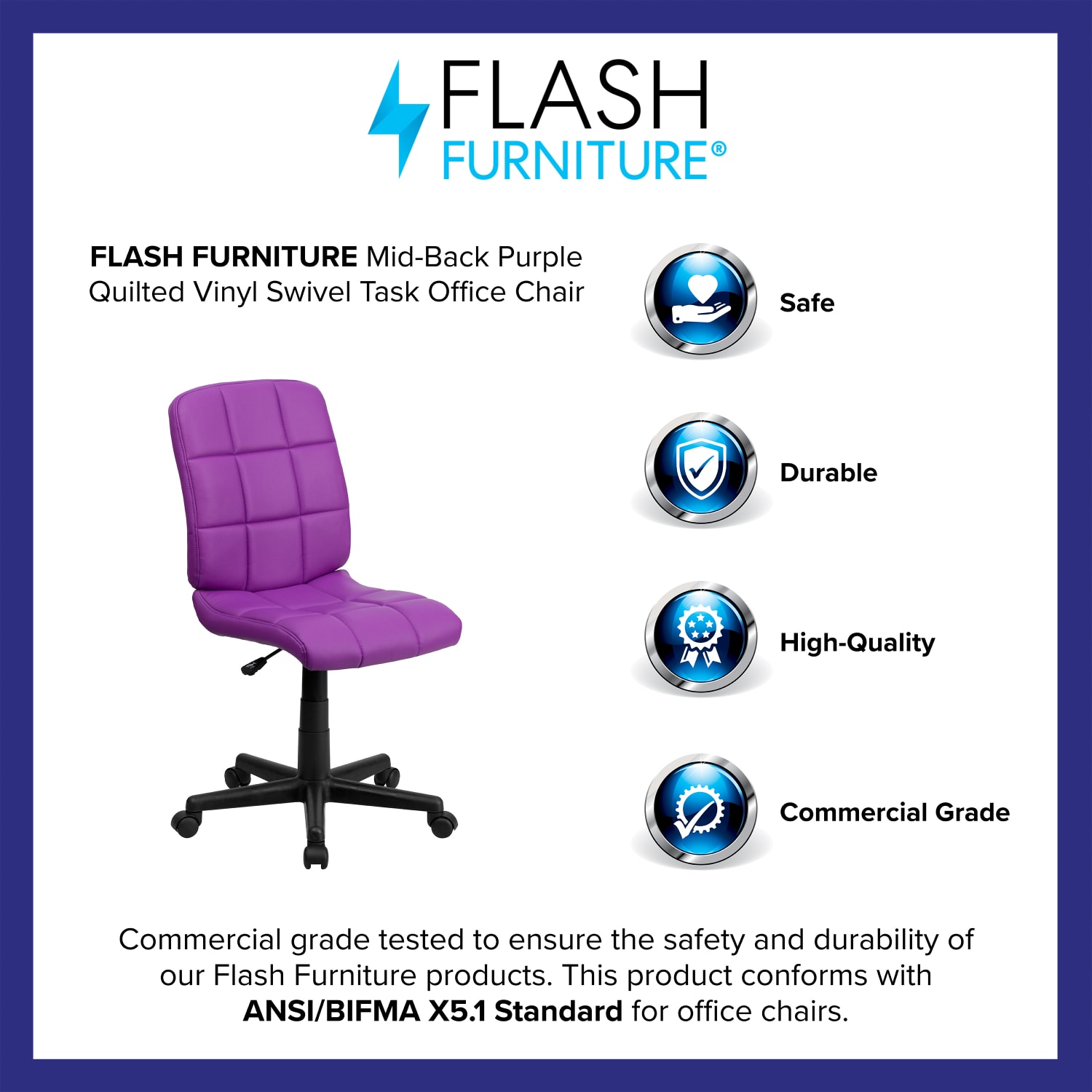 Flash Furniture Quilted Vinyl Mid-Back Swivel Task Chair, Purple/Black - Image 5