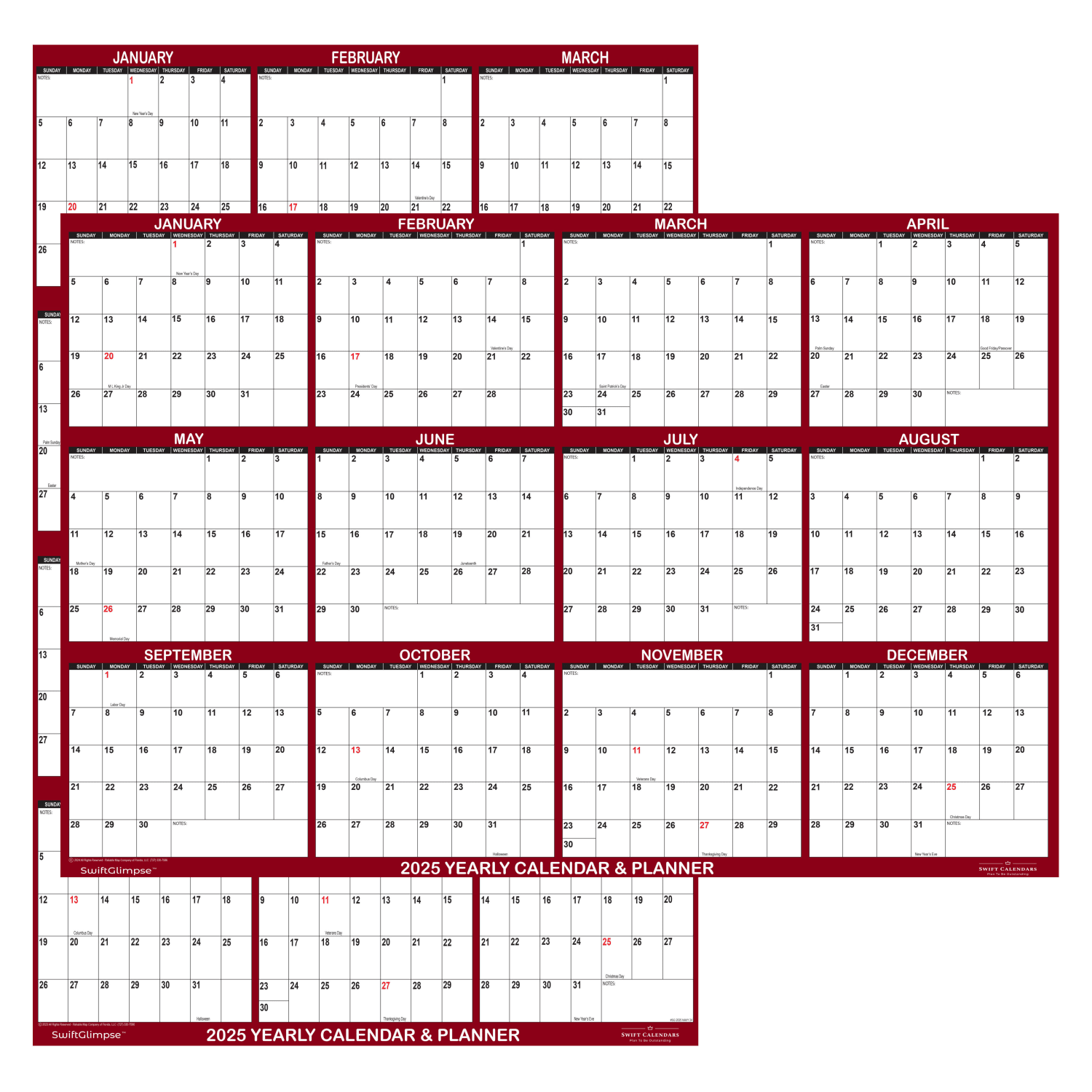 2025 SwiftGlimpse Reversible Yearly Wall Calendar, 24in x 36in, Maroon, January To December