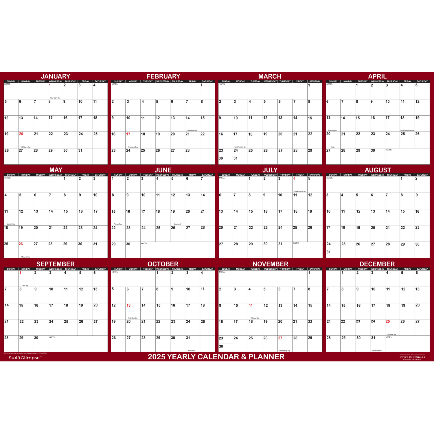 2025 SwiftGlimpse Reversible Yearly Wall Calendar, 24in x 36in, Maroon, January To December - Image 4