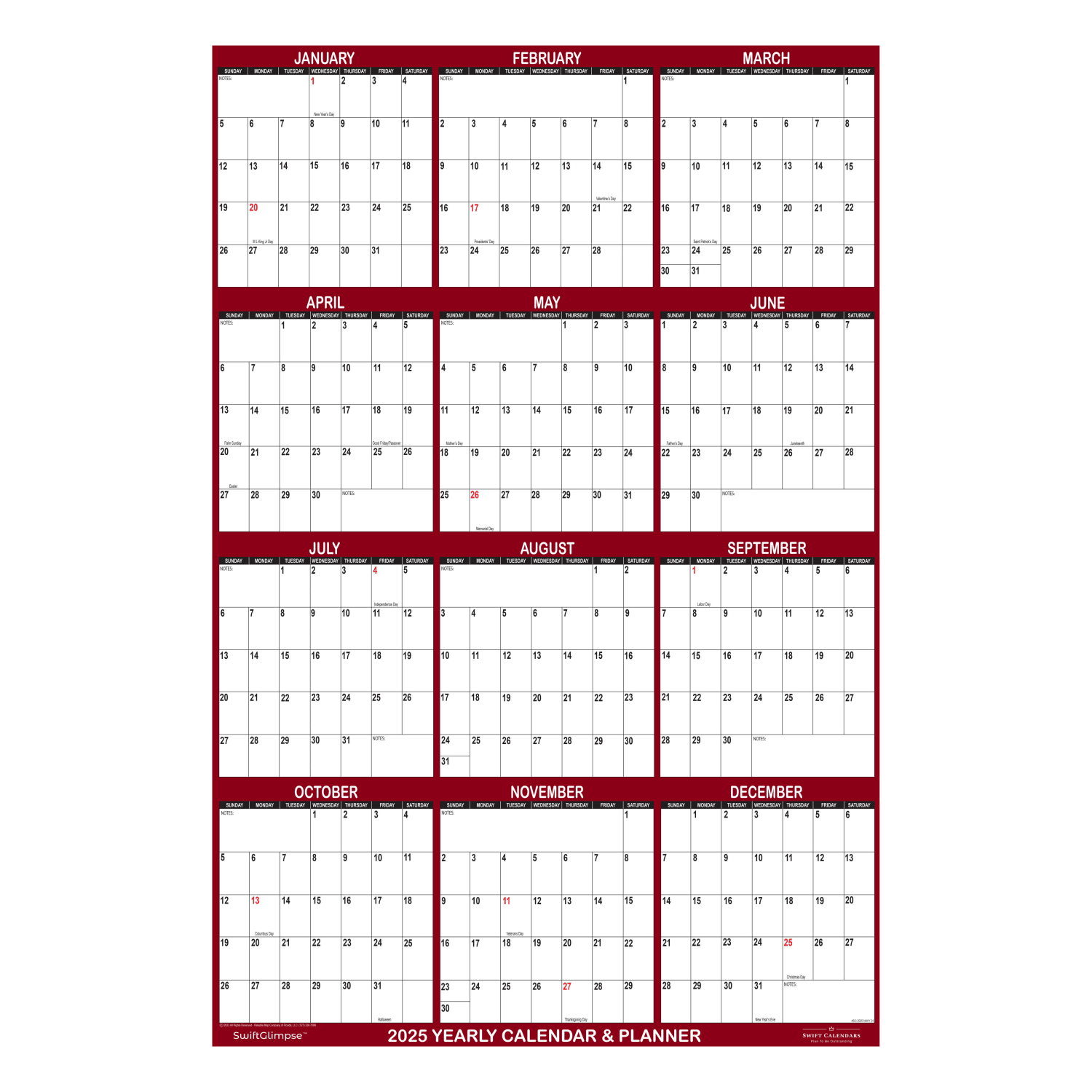 2025 SwiftGlimpse Reversible Yearly Wall Calendar, 24in x 36in, Maroon, January To December - Image 5