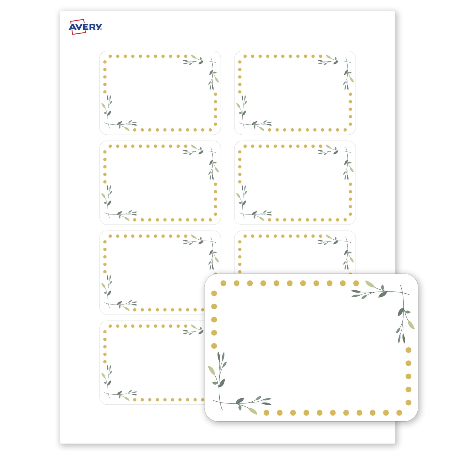 Avery Printable Adhesive Name Badges/Preprinted Designs, Rectangle, S00-EY9, 2-1/3in x 3-3/8in, Matte White/Green Florals/Gold Dots, Pack Of 80 - Image 3