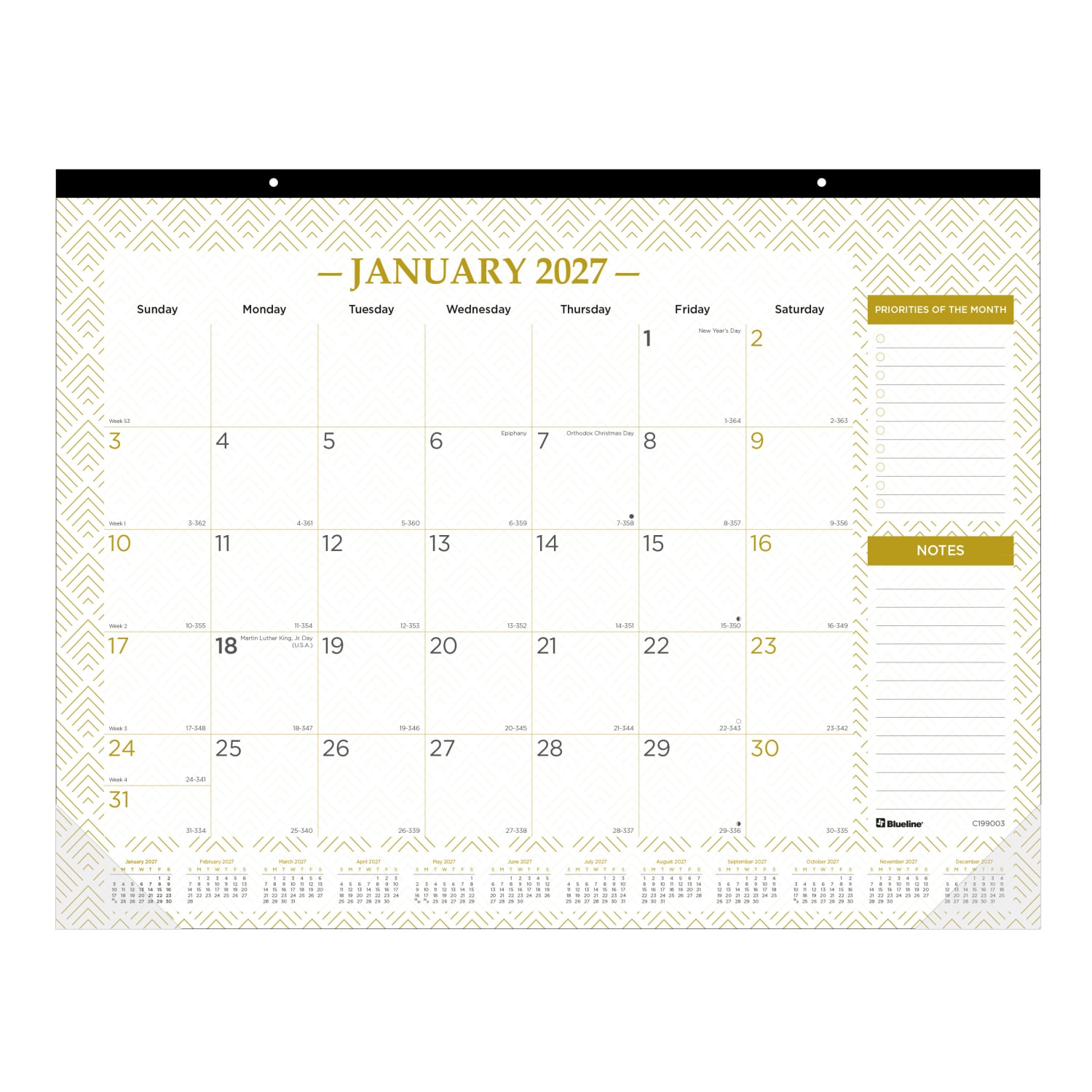 2027 Blueline Classic Gold Monthly Desk Pad Calendar, 22in x 17in, Gold/White, January To December, C199003, Total Qty 1