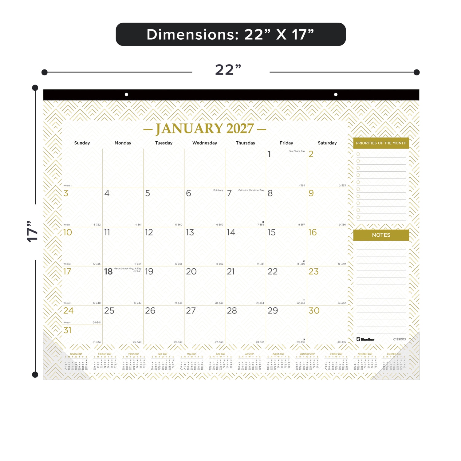 2027 Blueline Classic Gold Monthly Desk Pad Calendar, 22in x 17in, Gold/White, January To December, C199003, Total Qty 1 - Image 3