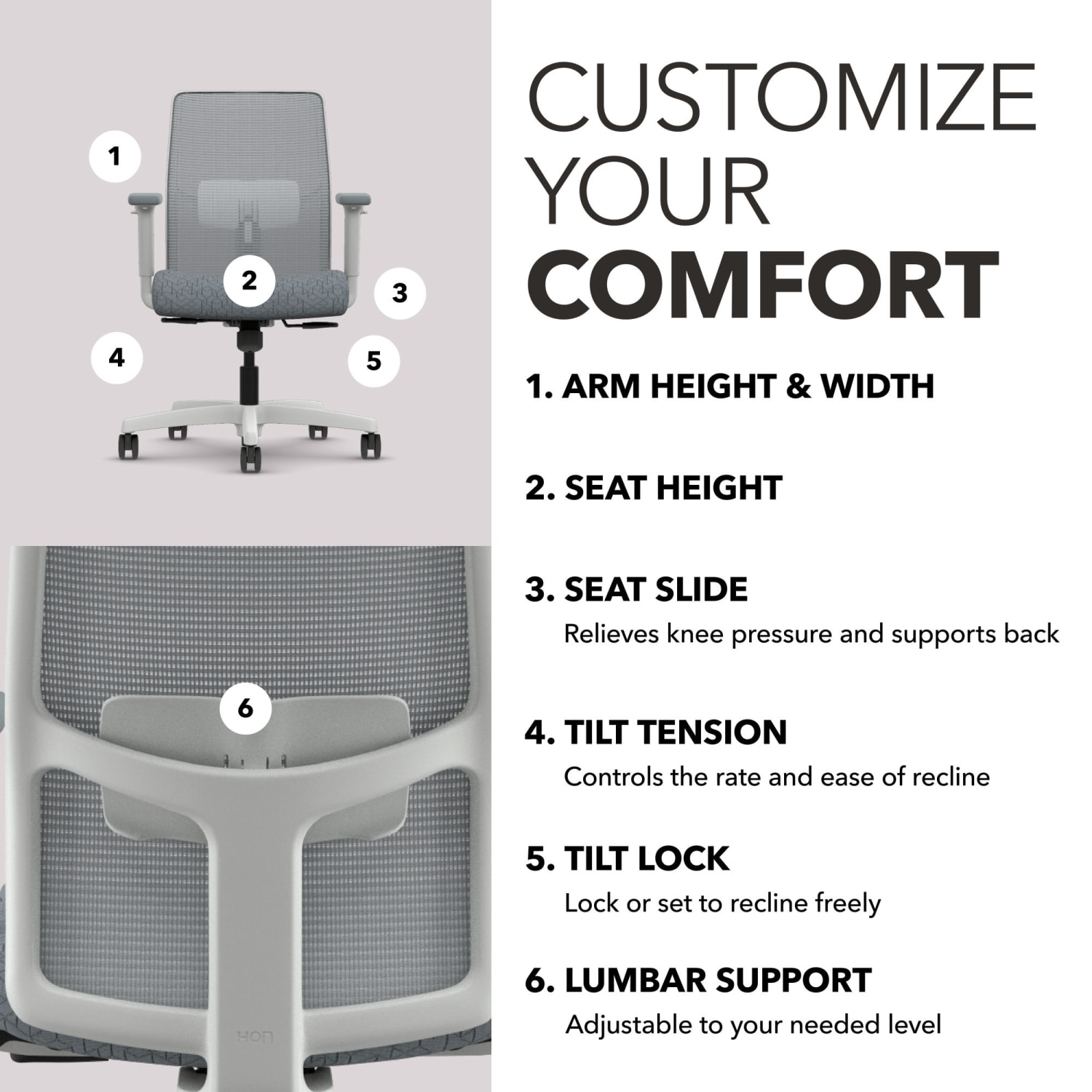 HON Ignition 2.0 Ergonomic Mesh/Fabric Mid-Back Task Chair, Basalt/Designer White - Image 4