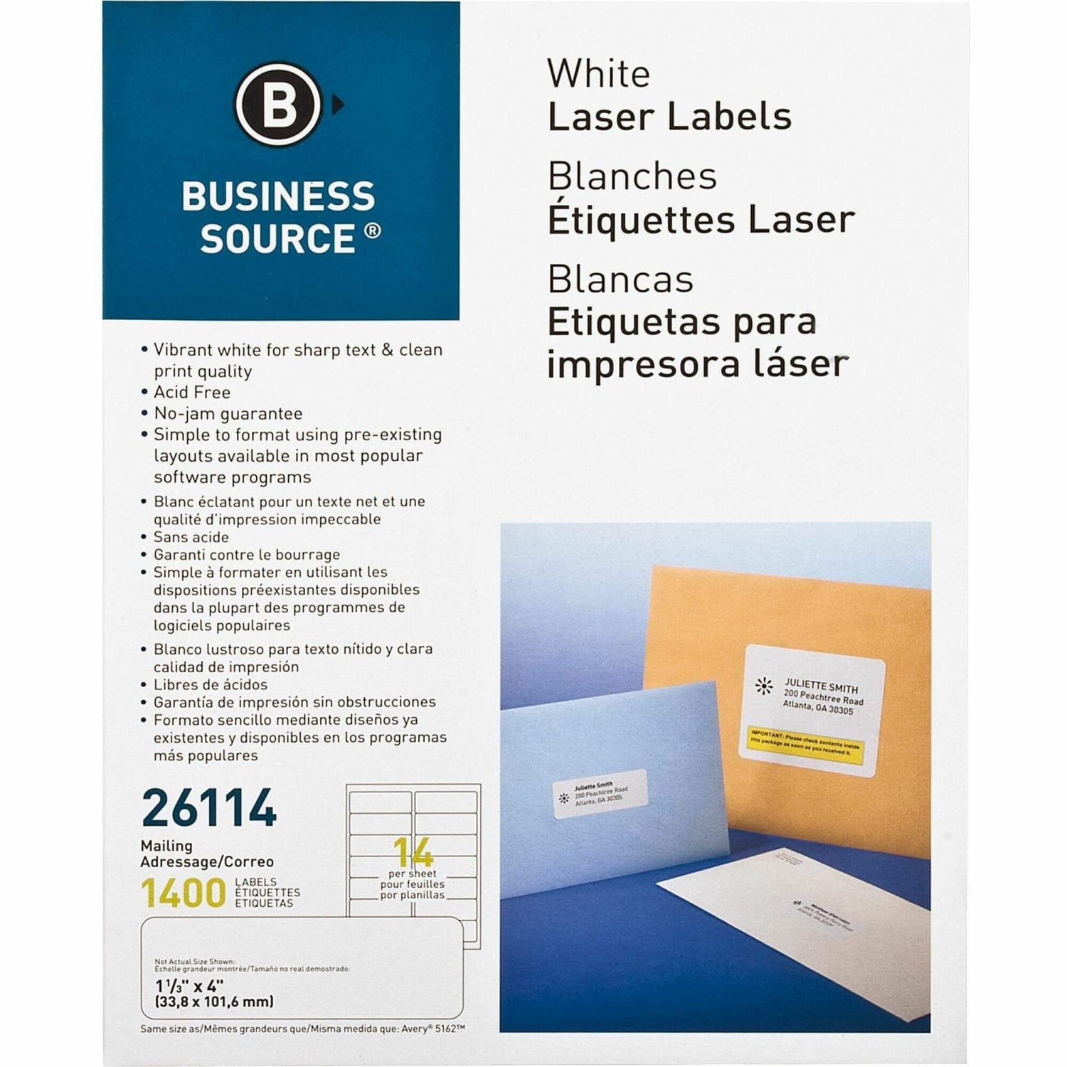 Business Source Bright White Premium-quality Address Labels - 1 1/3inx 4in - Permanent Adhesive - Rectangle - 26114